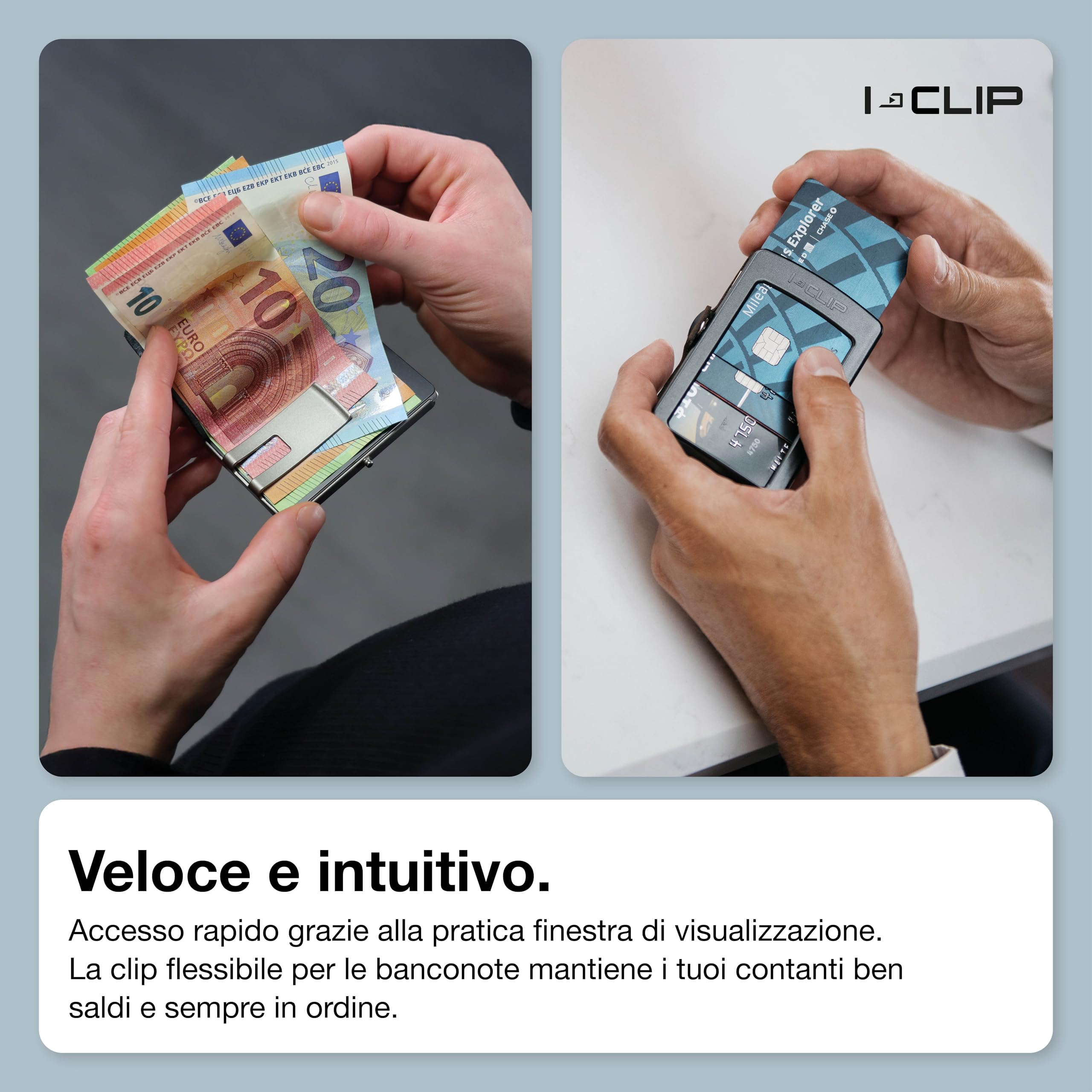 I-CLIP MAX Original Portafoglio Uomo Slim Banconote, Mini Wallet fino a 16 Carte e 30 Banconote, Portafoglio leggero e versatile, Pelle Martellata Nero, Telaio Argento