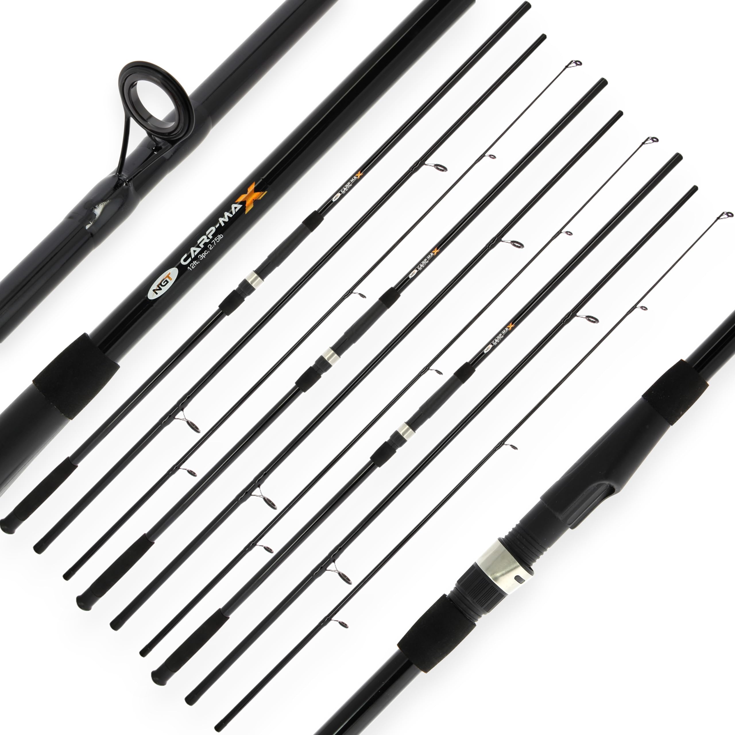 3 x NGT Carp Max 12ft 3pc Carp Rod 2.75lb Test Curve Fishing Tackle Black