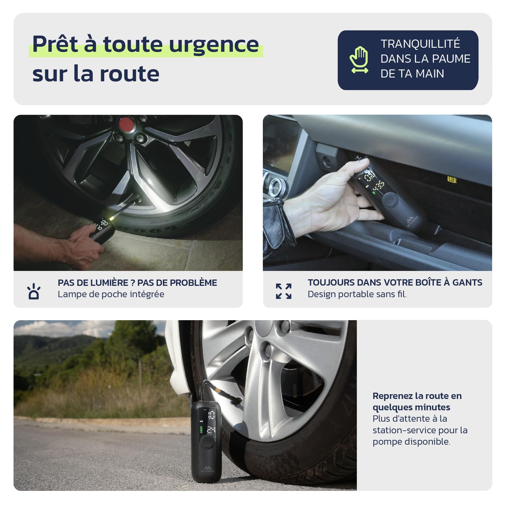 Woowind Gonfleur Pneus Voiture, Pompe A Velo, Gonflage en 1 Minute, 150PSI/10,3BAR Compresseur à Air Portatif pour Voitures, Vélos, Motos et Ballons avec Arrêt Automatique, Ecran LCD et Lampe LED