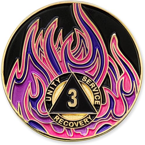 3 años Sobriety Mint Twisted Flames Medallón de recuperación AA chapado en oro, negrorosapúrpuraazul