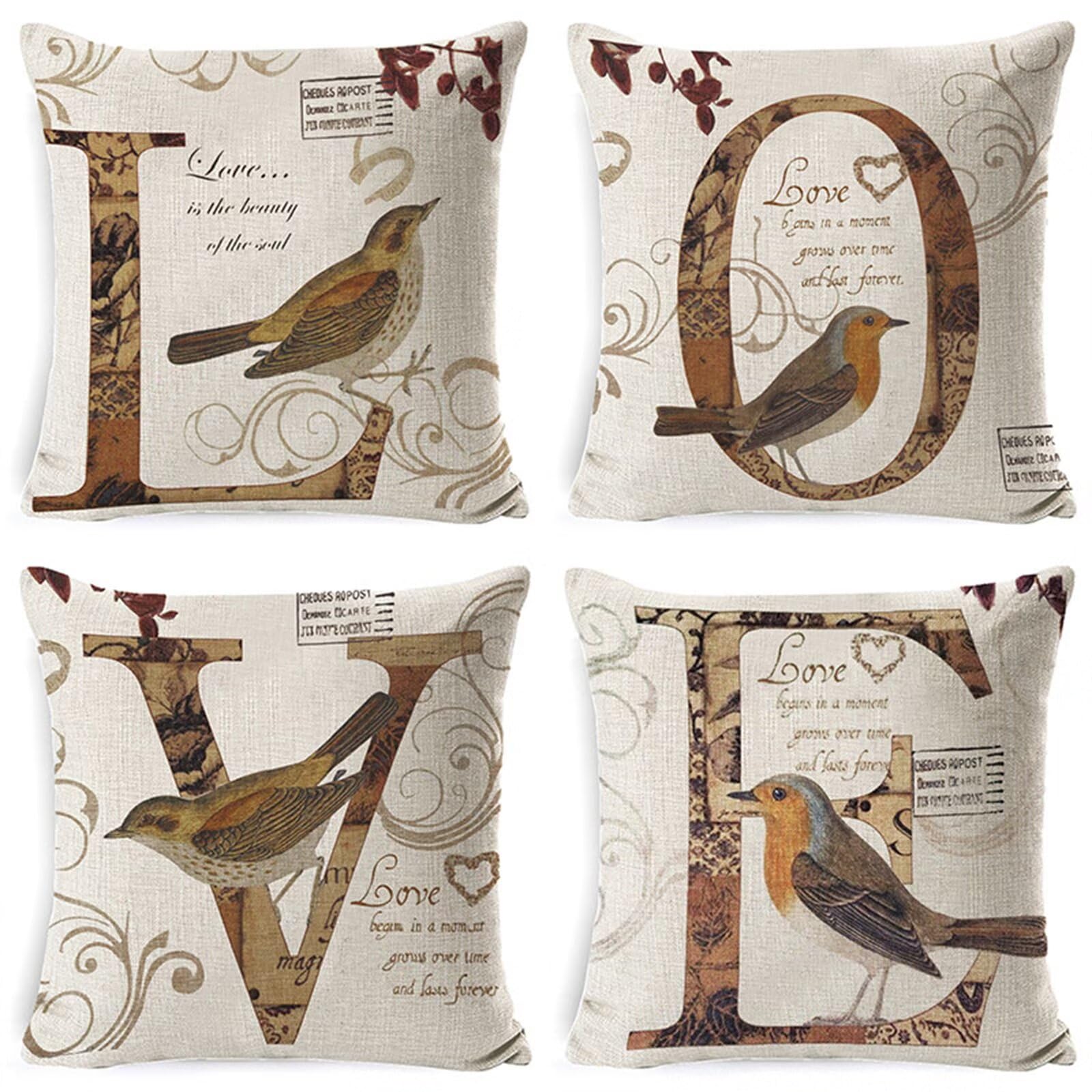 Juego de 4 Impermeable Funda de Cojín Pájaro de amor retro,55x55cm Moderno Suave Transpirables Lino Fundas de Almohada Cojines Decorativos con Cremallera Oculta para Exterior Sofá Cama Coche Hogar