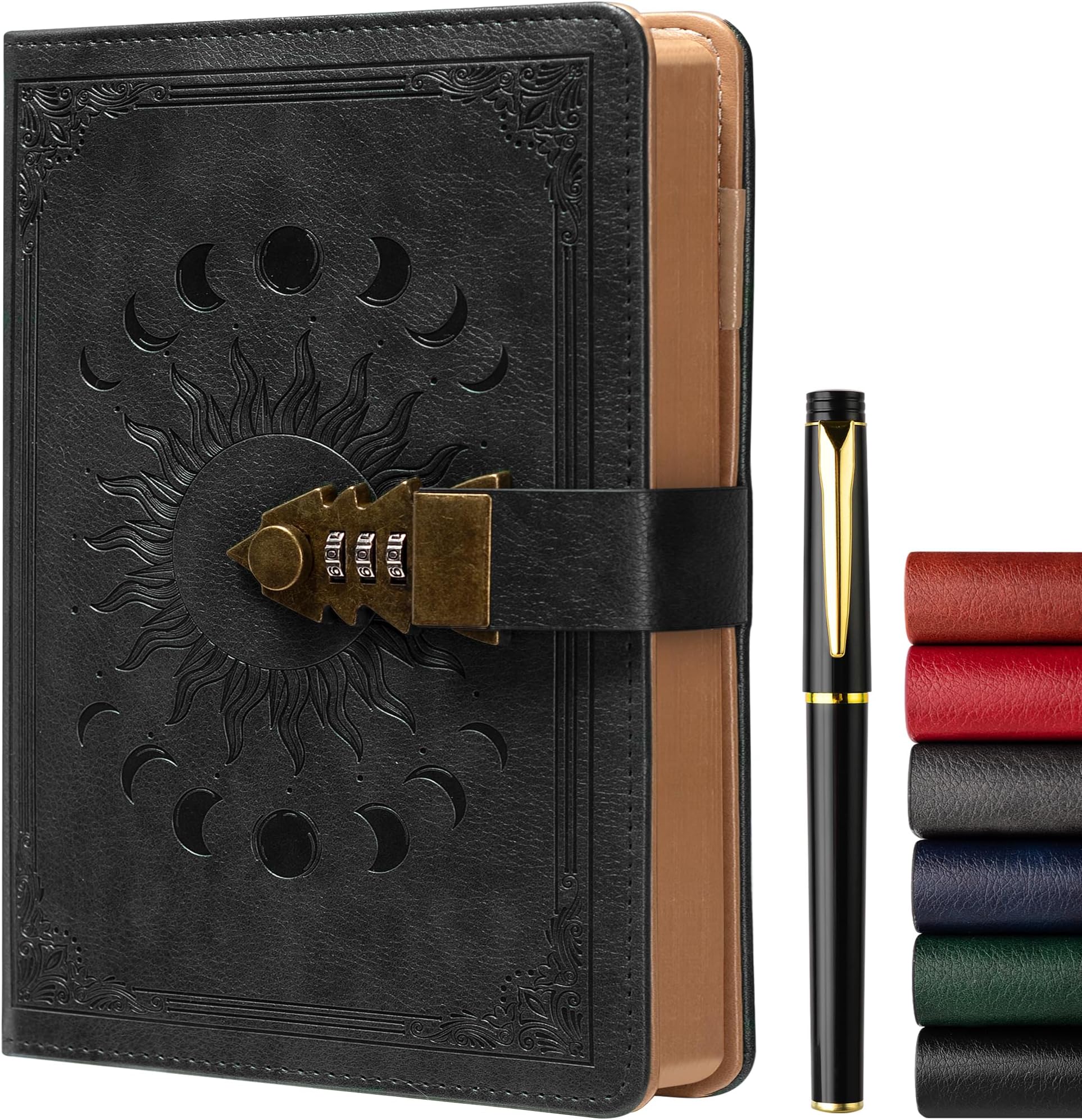 ZXHQ A5 Journal with lock, 120Gsm 224 Pages Lock Diary, Pen Set, Brown Edge, Refillable, Leather Hardcover, Fine Inner Pocket (5.9 x 8.5 inch) - Black