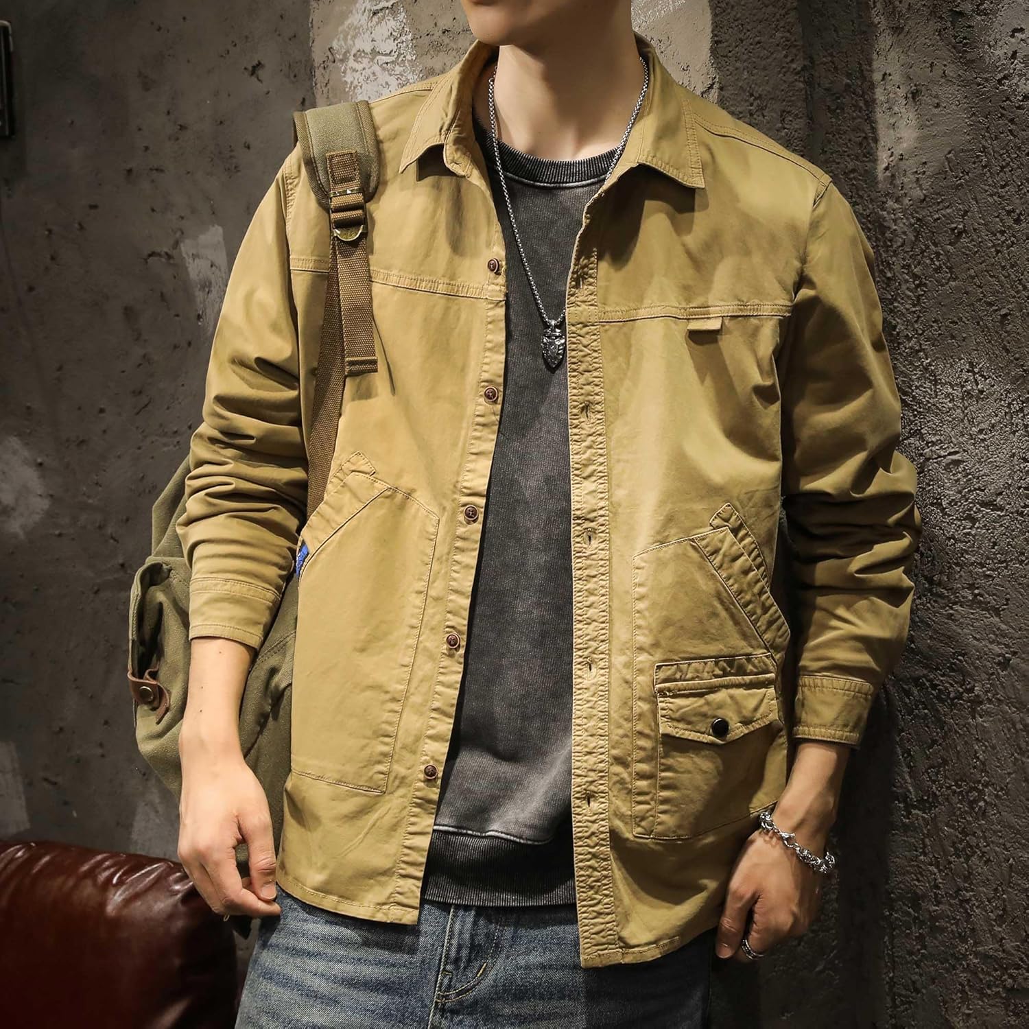 American Retro Workwear Shirt Outerwear for Men, Loose Spring Casual Jacket