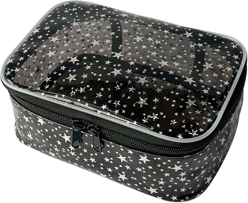 Necessaire transparente com estampa de estrelas TotePrint, com zíper duplo, TPU, preta, pacote com 3