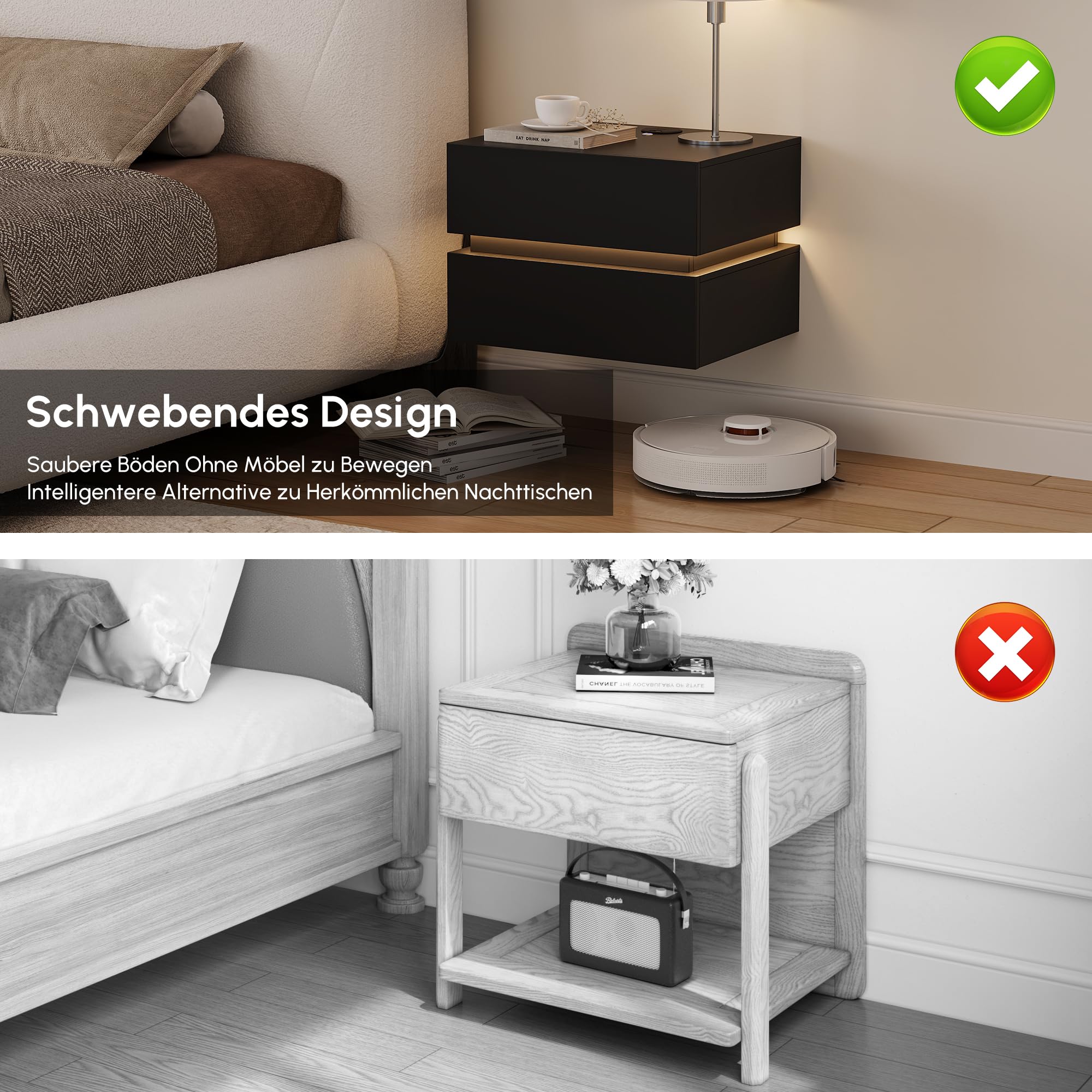 Homary Nachttisch 2er Set Schwebender Nachttisch mit 2 Schubladen, Lumio Nachttisch wandmontage mit LED-Beleuchtung und Ladestation, ideal als nachttisch hängend im Schlafzimmer in Schwarz, 2er Set