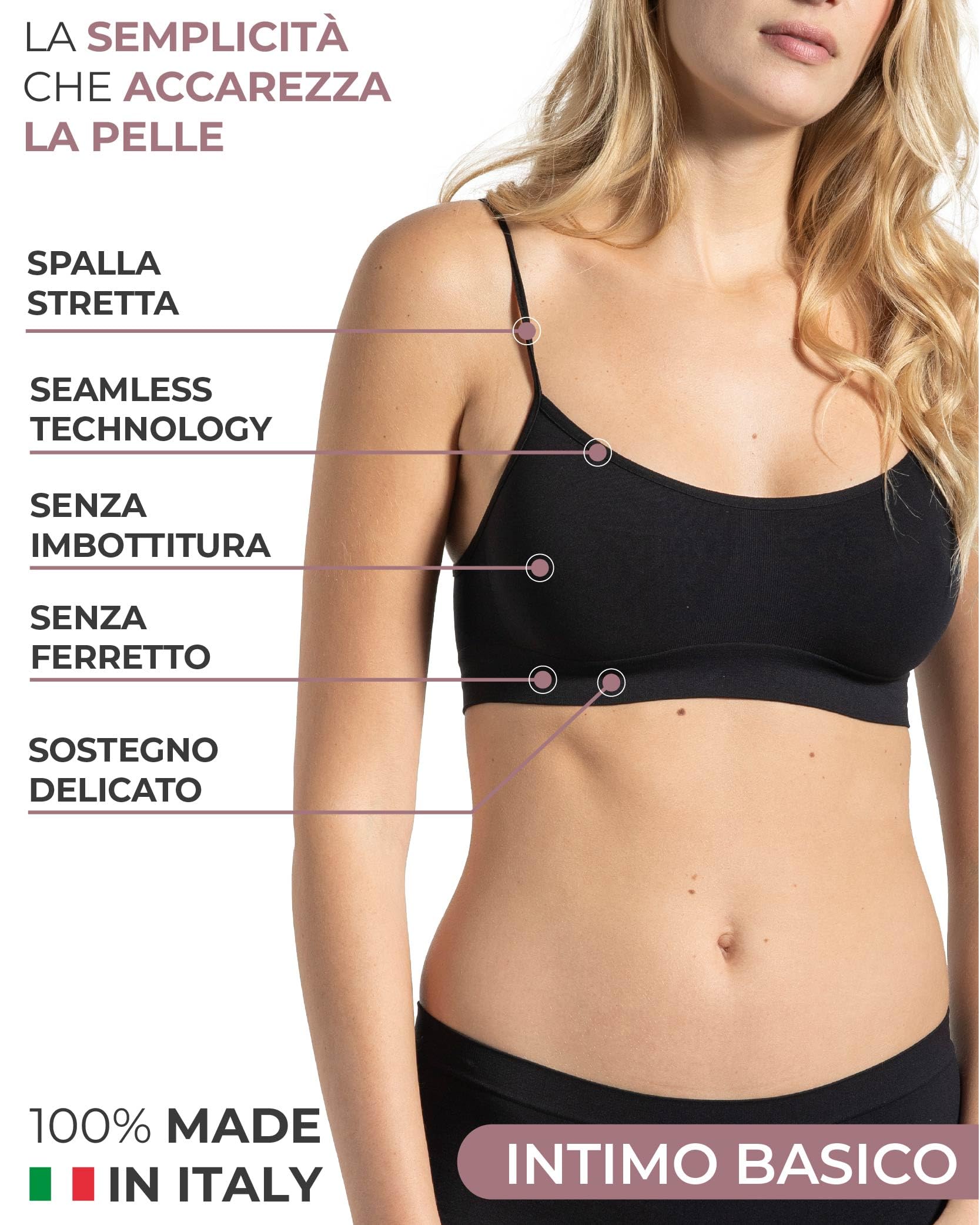 Risalti Reggiseno Senza Ferretto Spalla Stretta 3 pz - Bralette Donna Senza Cuciture ed Etichette, Reggiseno Donna in Microfibra Elasticizzata, Brassiere, Top Morbido, Intimo - Made in Italy