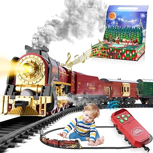 Miniatura 9 de Juego de tren con más vías y vagones, juguetes de tren de lujo con humo, luz y sonido, juegos de tren de Navidad para alrededor del árbol, juego de