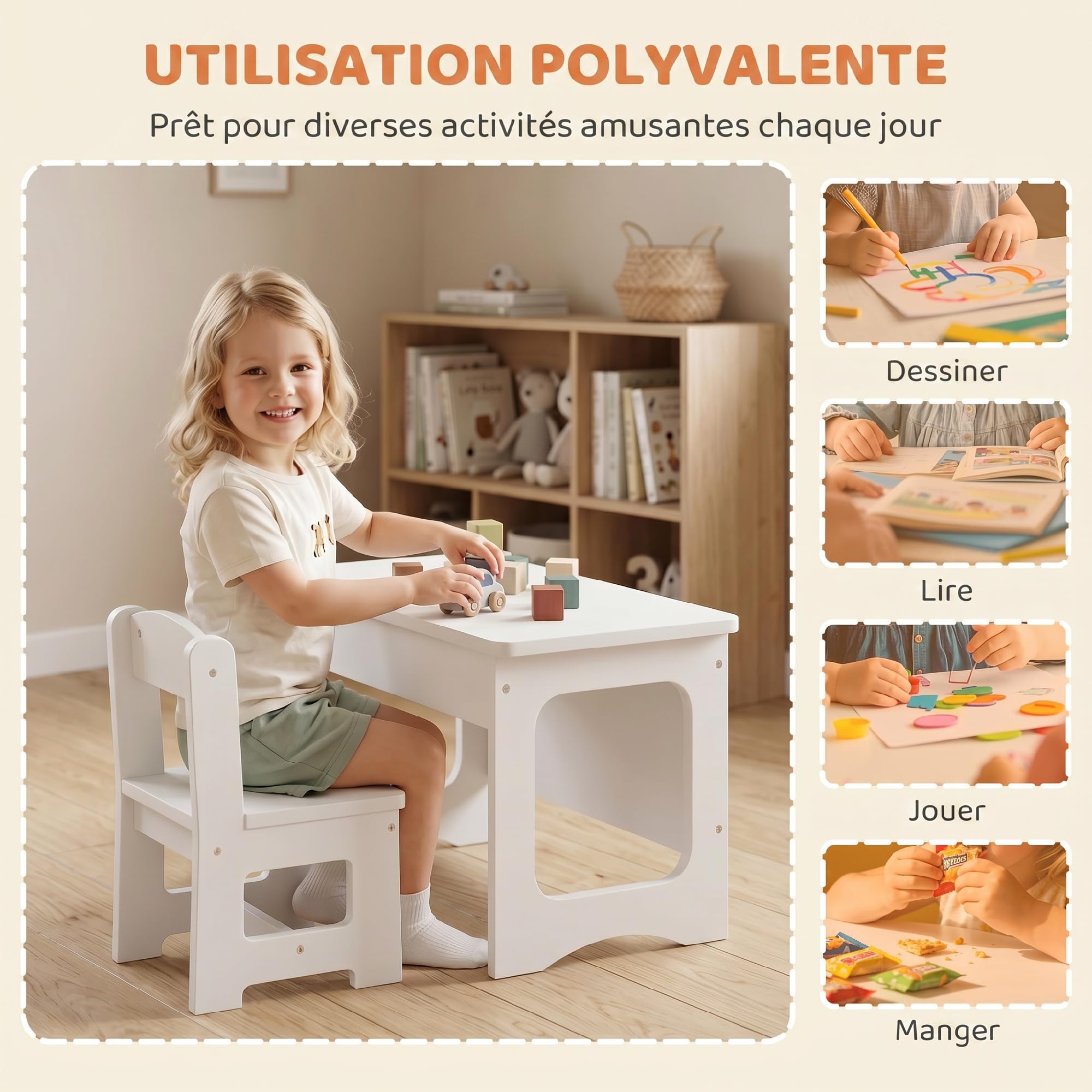 AIYAPLAY Bureau et Chaise pour Enfant Plateau Réversible 3 à 6 Ans Blanc