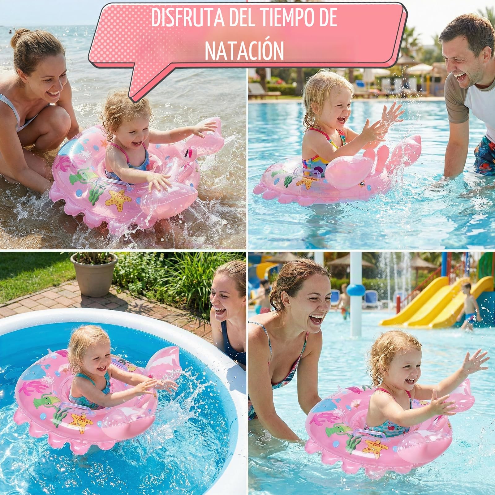 Ninonly Flotador Bebe Anillo de Natación Inflable Asiento con Bomba de Aire,2Parches de Reparación para Niños de 12 a 36 Meses Baño y Entrenamiento de Natación,Piscina,Playa,Bañera (Rosa Cangrejo)