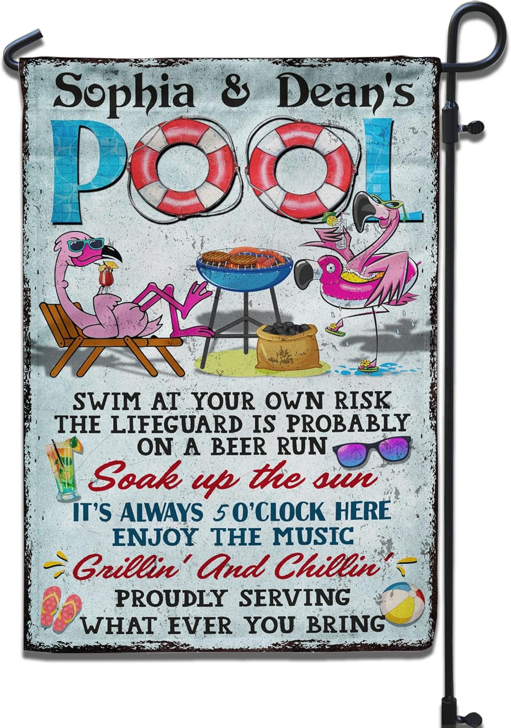 V VIBEPY-Personalized Pool Rules Pool Flags 28 x 40 Double Sided,Flamingo Family Grilling Swim At Your Own Risk Double Sided Burlap 12x18Inch, Double Sided Flag, Yard Flag, Family-Summer Gift, Yard Decor (DS 06)