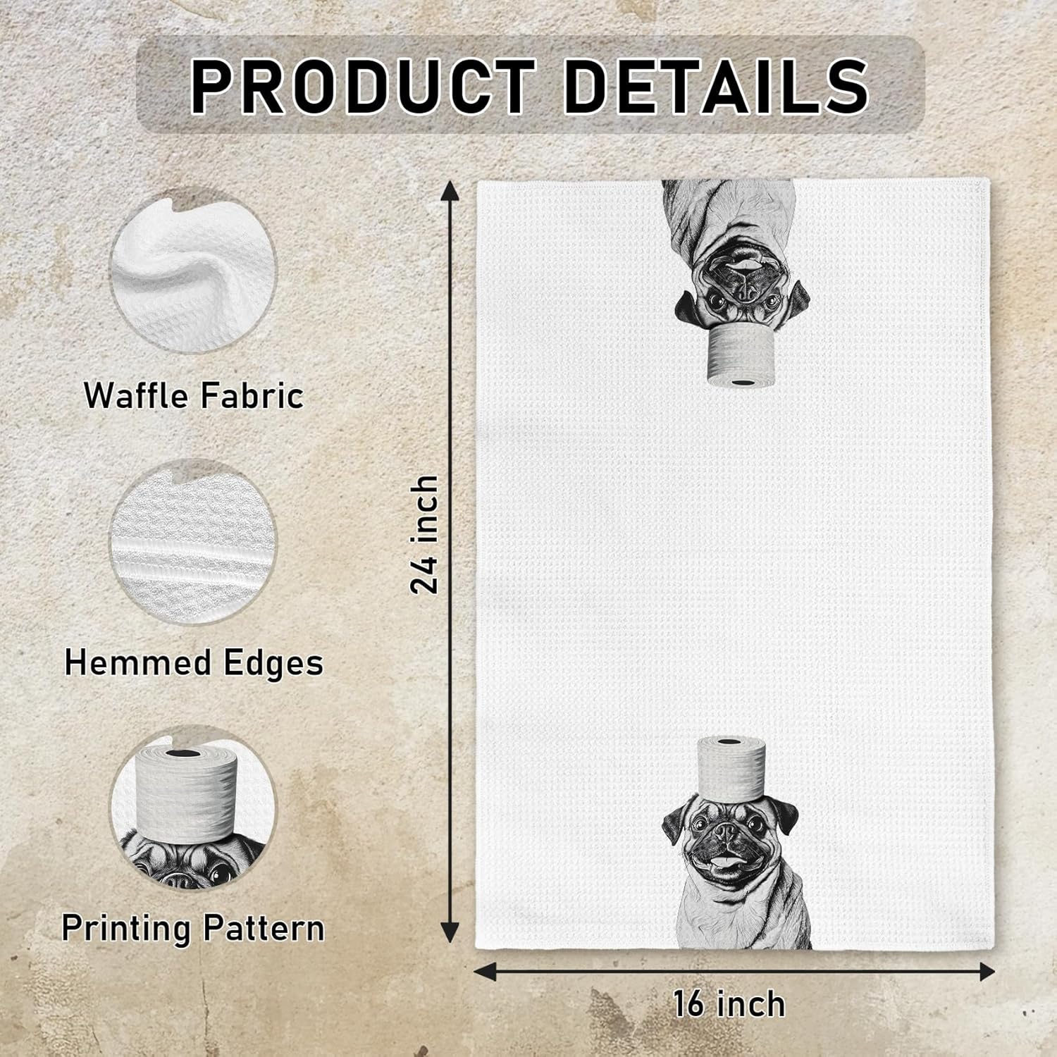 Funny Pug Dog Bathroom Decor Hand Towels, Pug Decor Hand Dish Towels for Toilet Bathroom, Dog Mom Gifts for Women, 16x24 Inch - Image 7