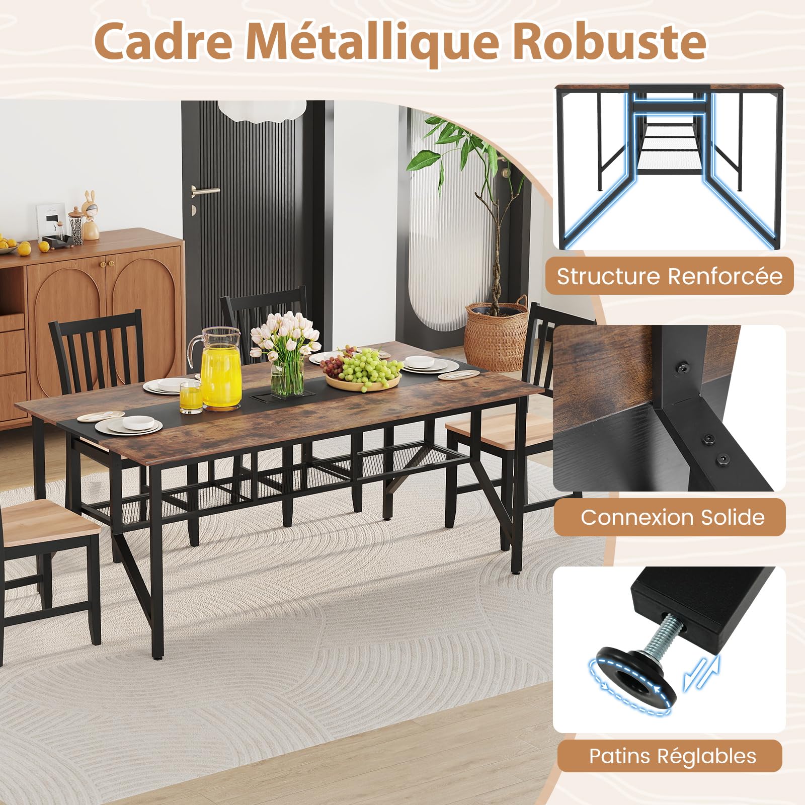 COSTWAY Table de Conférence pour 8 Personnes, Table de Réunion Rectangulaire avec Étagère de Rangement en Maille et Passe-câble, Bureau de Séminaire Industrielle avec Cadre Métallique pour Bureau