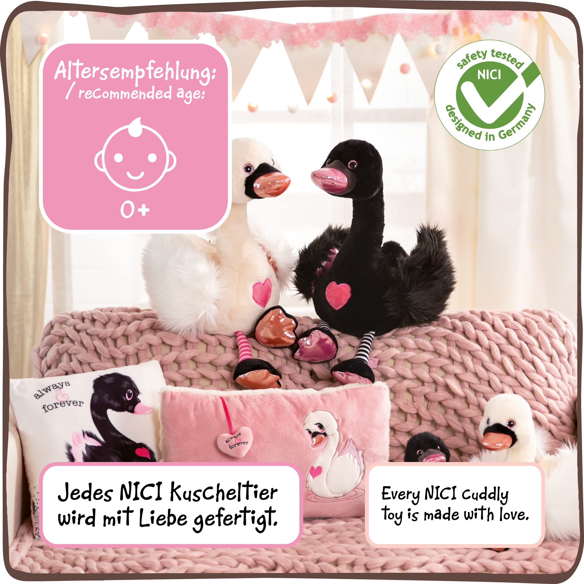 NICI Love Schwan Plüschtier – 10 Cm, Weiß Auf Rosa Herz | Kuscheltier Mit Glitzerdetails | Symbol Für Unendliche Liebe