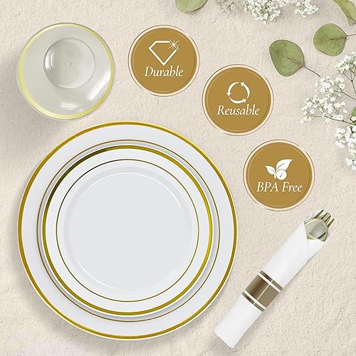 Miniatura 6 de Reli. Platos de plástico para fiesta  210 piezas  Blanco con borde dorado  Platos y servilletas  Suministros de fiesta  Juego de vajilla desechable