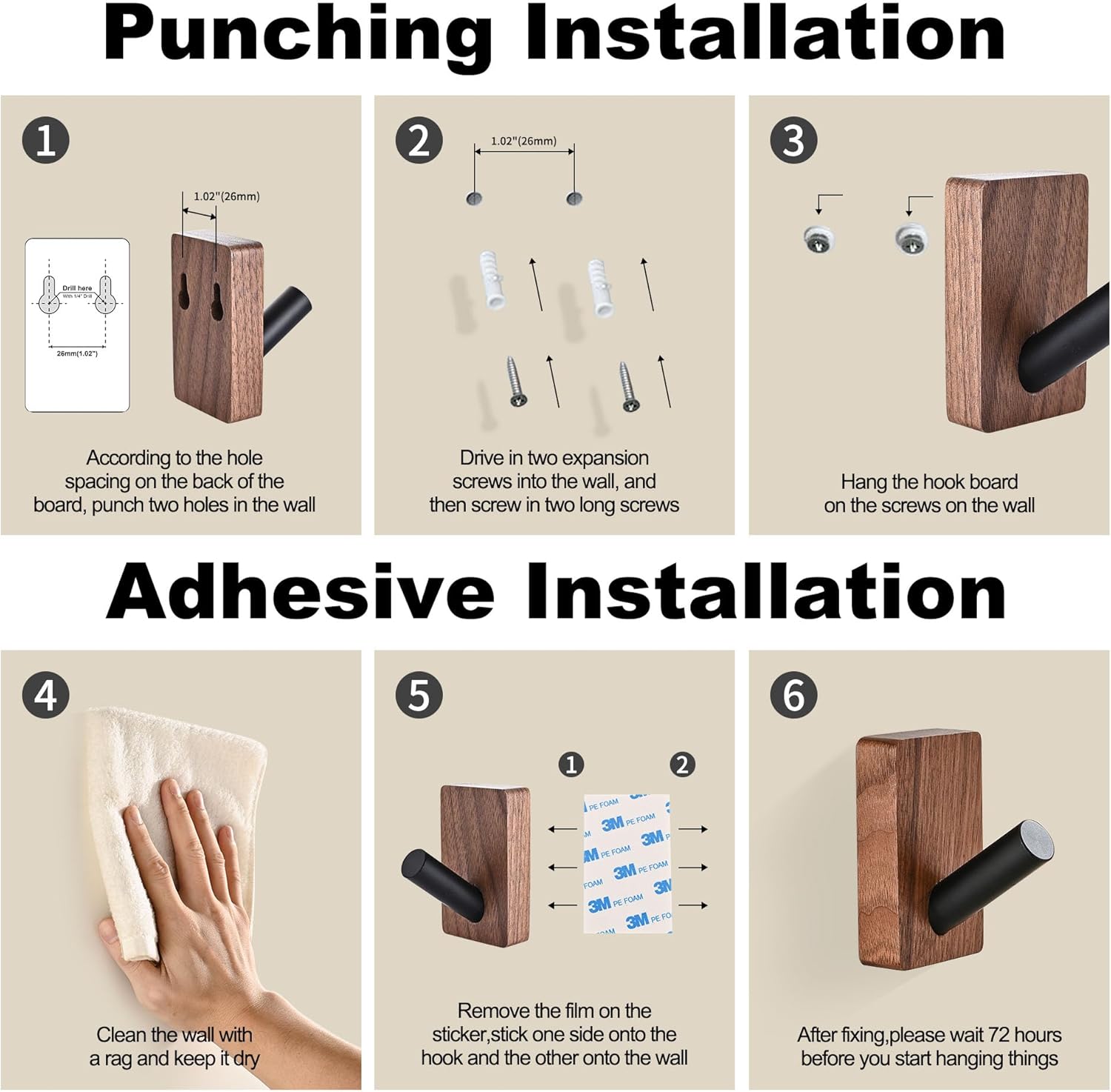 4 Pack Wooden Wall Hooks for Hanging, Adhesive Mounted & Wall Mount Boho Decorative Walnut Wood Coat Hooks for Towel Clothes Blanket Hat Backpack Robe Nursery Door Board Entryway Key Holder - Image 6