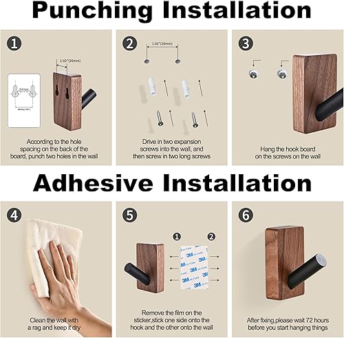 Miniatura 6 de LECHYN Paquete de 6 ganchos de pared de madera para colgar, montaje en adhesivo y montado en la pared, ganchos decorativos bohemios de madera de