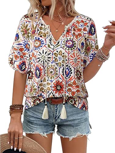 Vivilli Womens Summer Boho Tops Casual V Neck Short Sleeve