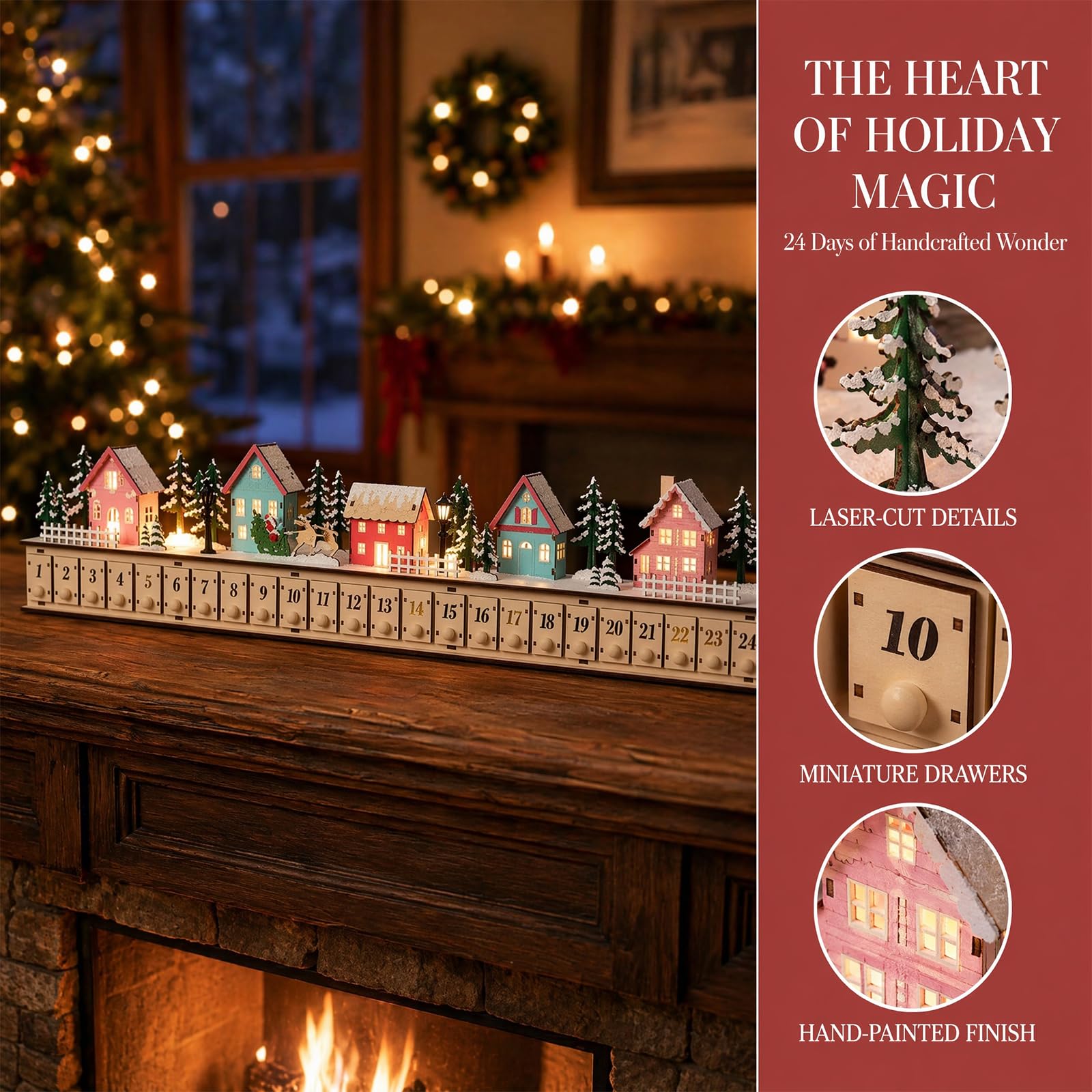 Calendario dell'Avvento in legno con villaggio di Natale luminoso, a batteria, decorazione natalizia con 24 cassetti riempibili, decorazione per conto alla rovescia per 24 giorni, decorazione