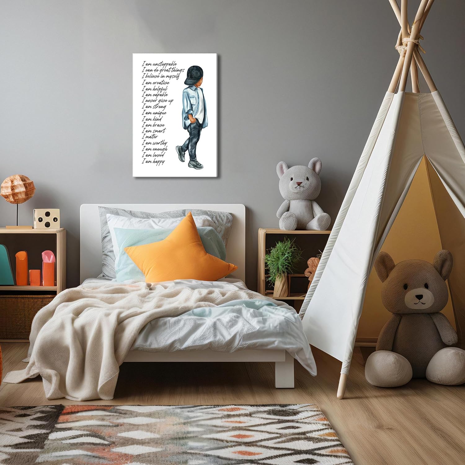 EKZSMQY Motivational Black Boy Wall Art African American Boys Painting Black Boy Positive Affirmation Prints Wall Decor Inspirational Quotes Canvas Poster for Kids Bedroom Playroom 16x24 Inch