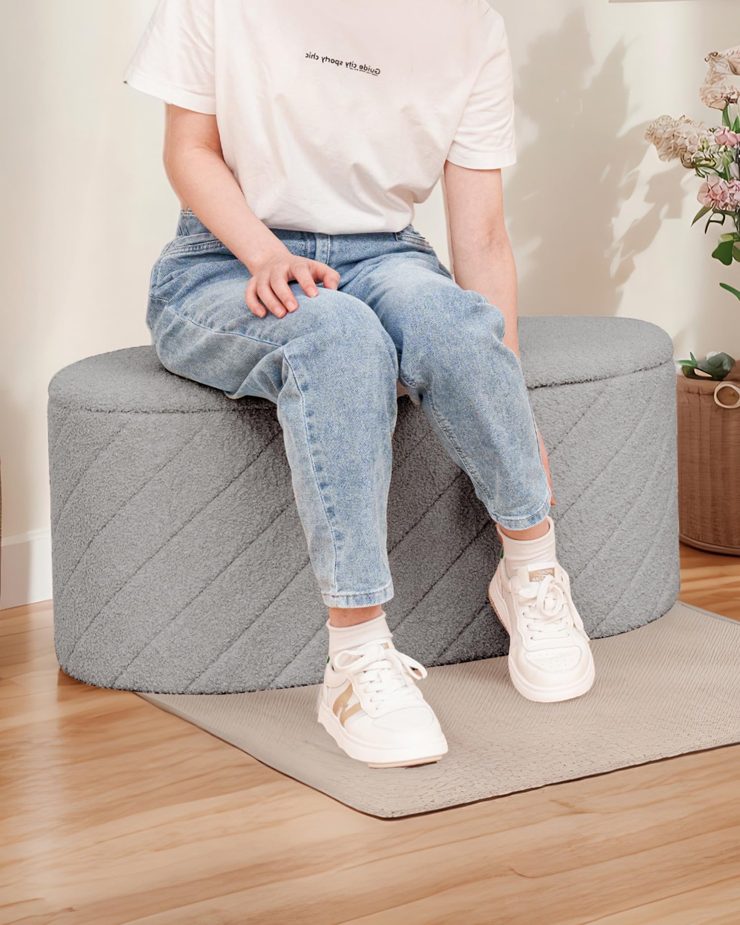 Bonlife Panca ovale con vano portaoggetti, poggiapiedi pieghevole con coperchio, Boucle Bank per piedi del letto, sgabello per soggiorno, camera da letto, ingresso, grigio, 76x38x38 cm