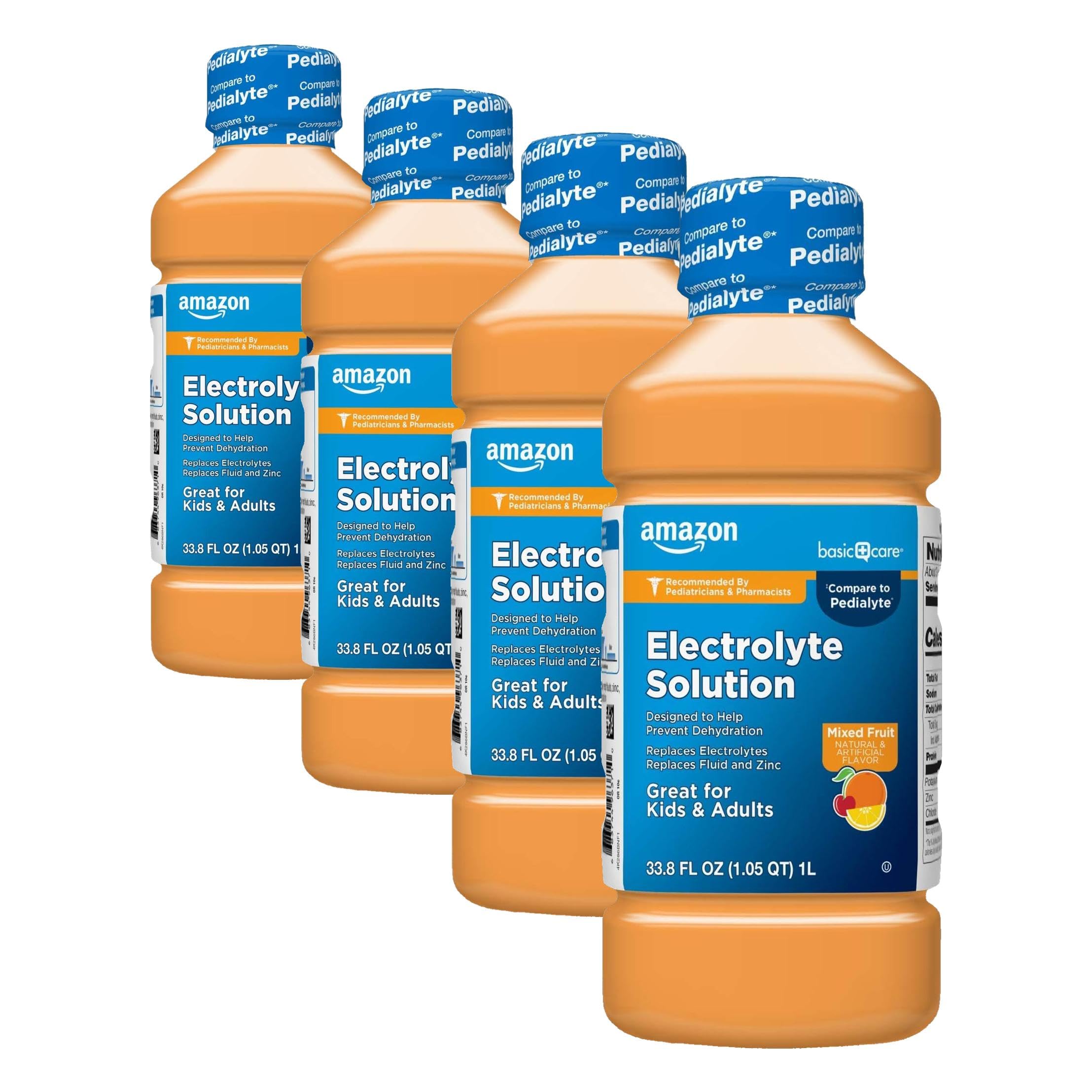Amazon Basic Care Electrolyte Solution, Mixed Fruit, Designed to Prevent Dehydration, Replaces Electrolytes, Fluid and Zinc, 33.8 fl oz (Pack of 4)
