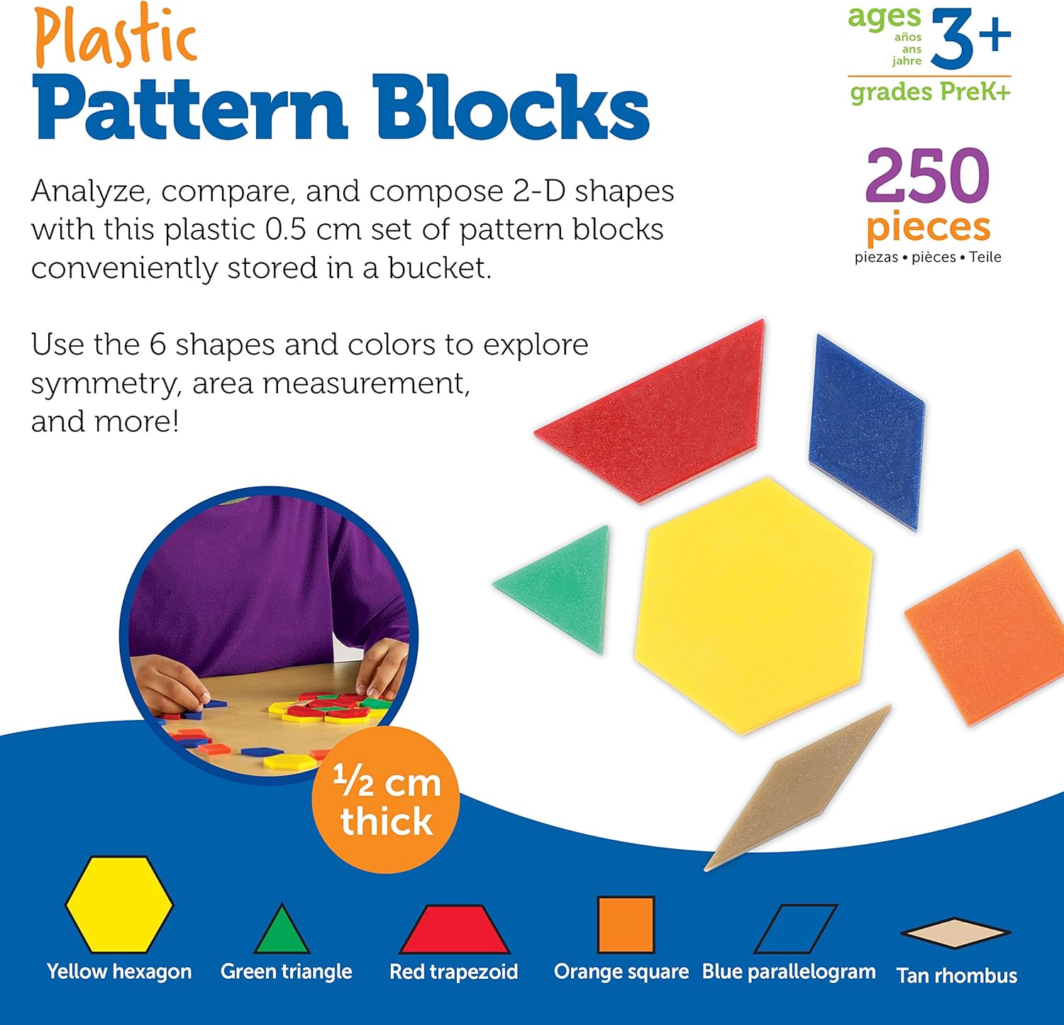 Learning Resources Plastic Pattern Blocks 250 Set - Classroom Must Haves, Math Teaching Tools, Homeschool Supplies, Math Manipulatives