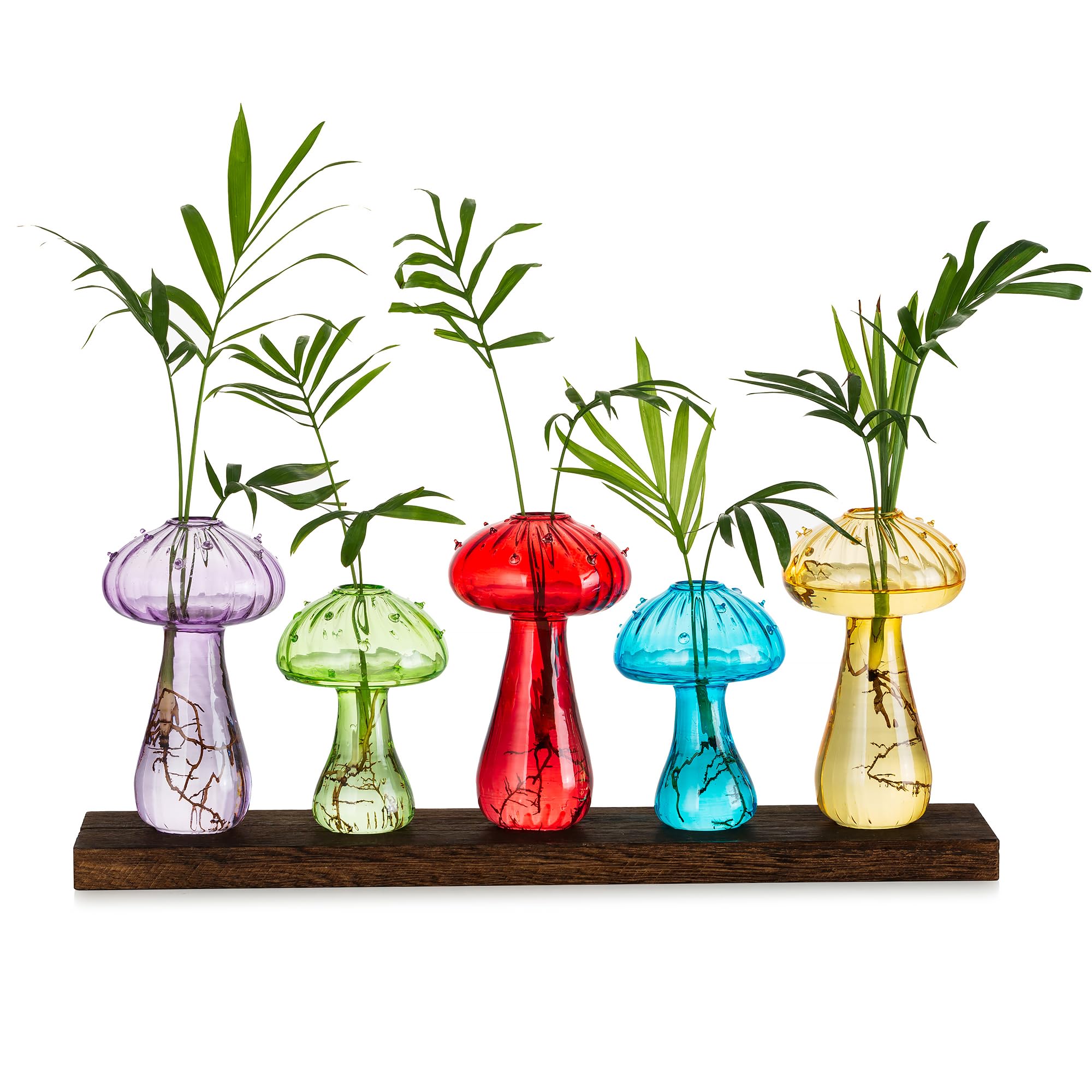 Glasseam Mushroom Flower Vase, Glass Vases for Flowers Set of 5, Modern Propagation Station with Wood