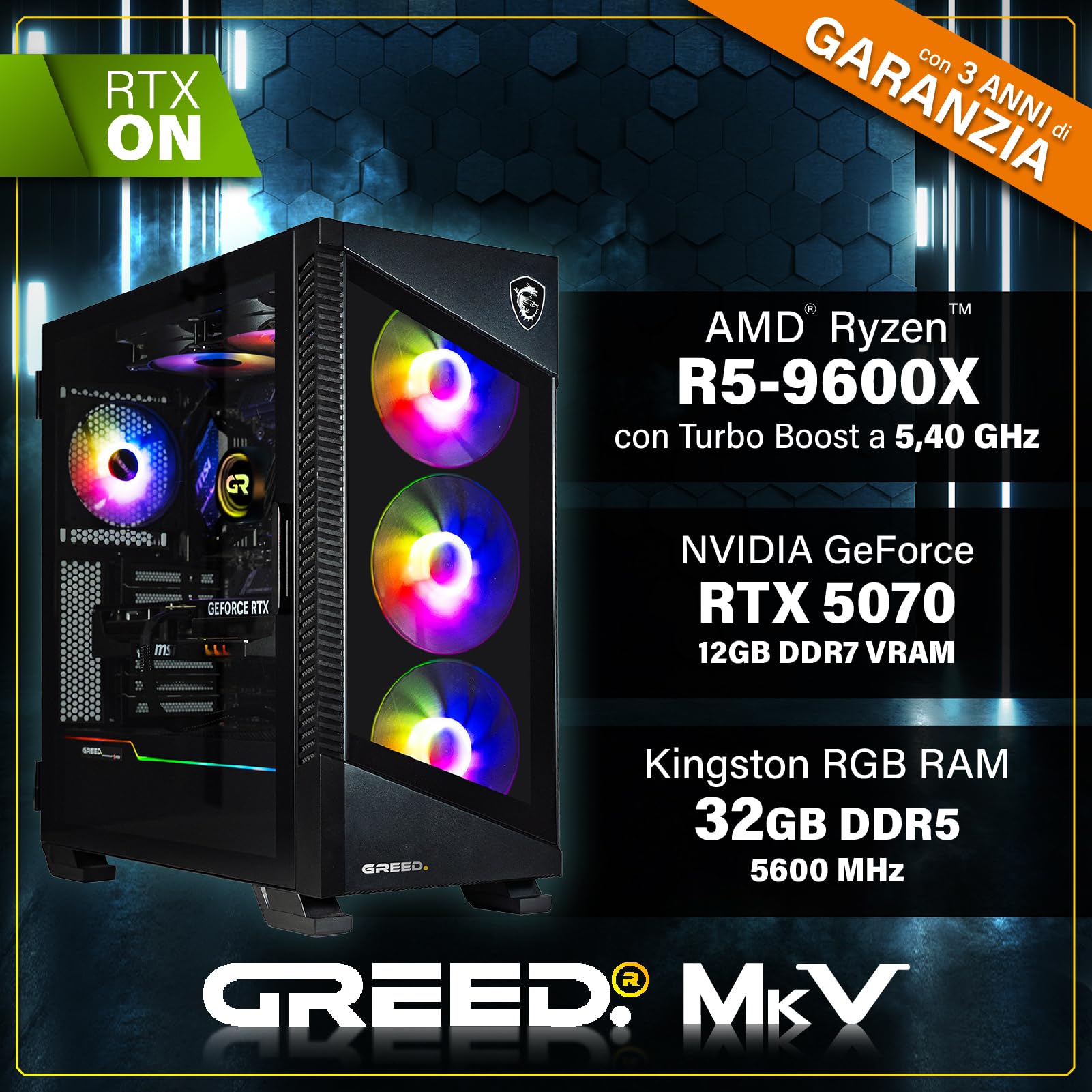 Greed® MK5 - Gaming PC - AMD Ryzen 5 9600X + RTX 5070 12GB - Computer RGB veloce + Raytracing & 4K - 5,4 GHZ - 32 GB RAM DDR5-1TB SSD - WLAN + Win11 Pro