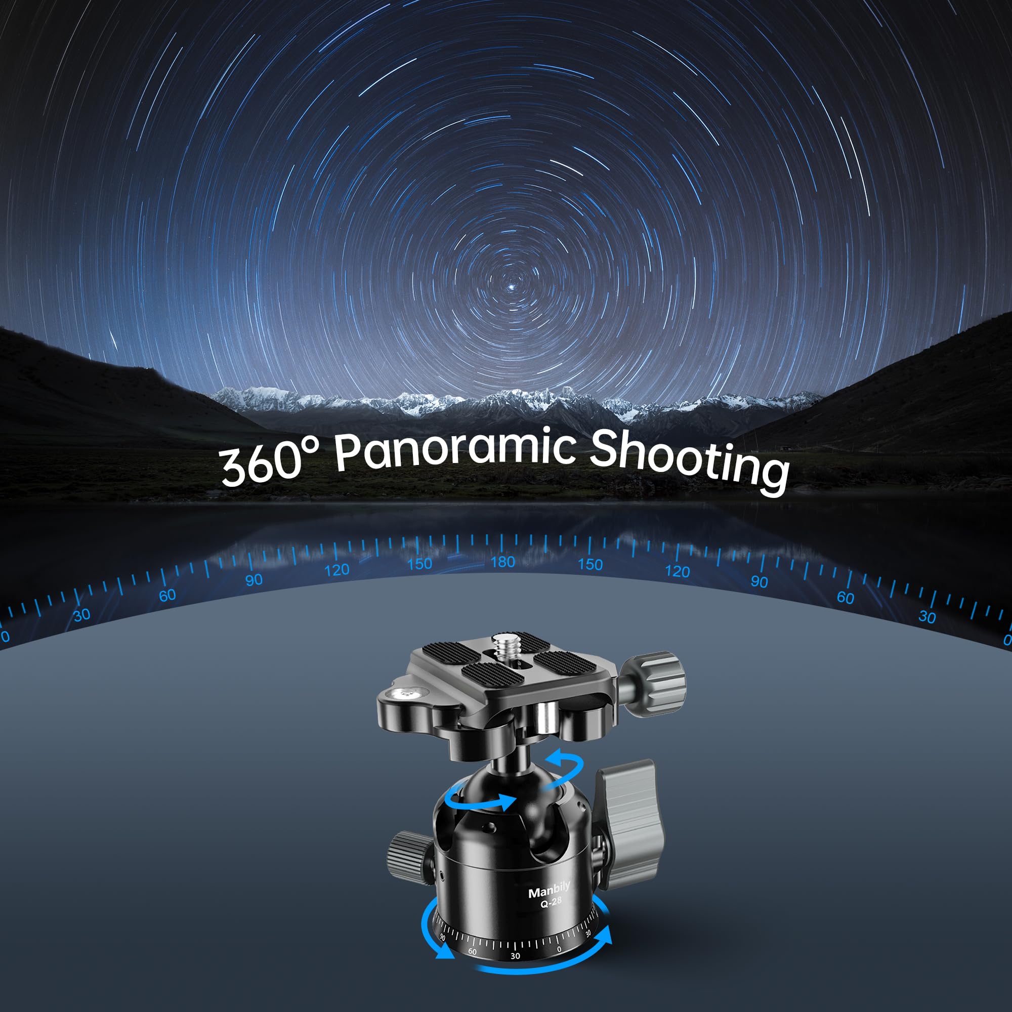 Manbily Q-28 Kamera Kugelkopf 28mm für Stative Low-Profil Kugelköpfe Halterung Einbeinstativ Schießen Metall Aluminium Max 10kg, mit doppeltem U-Slot Arca-Swiss QR-Platte für DSLR Telefon