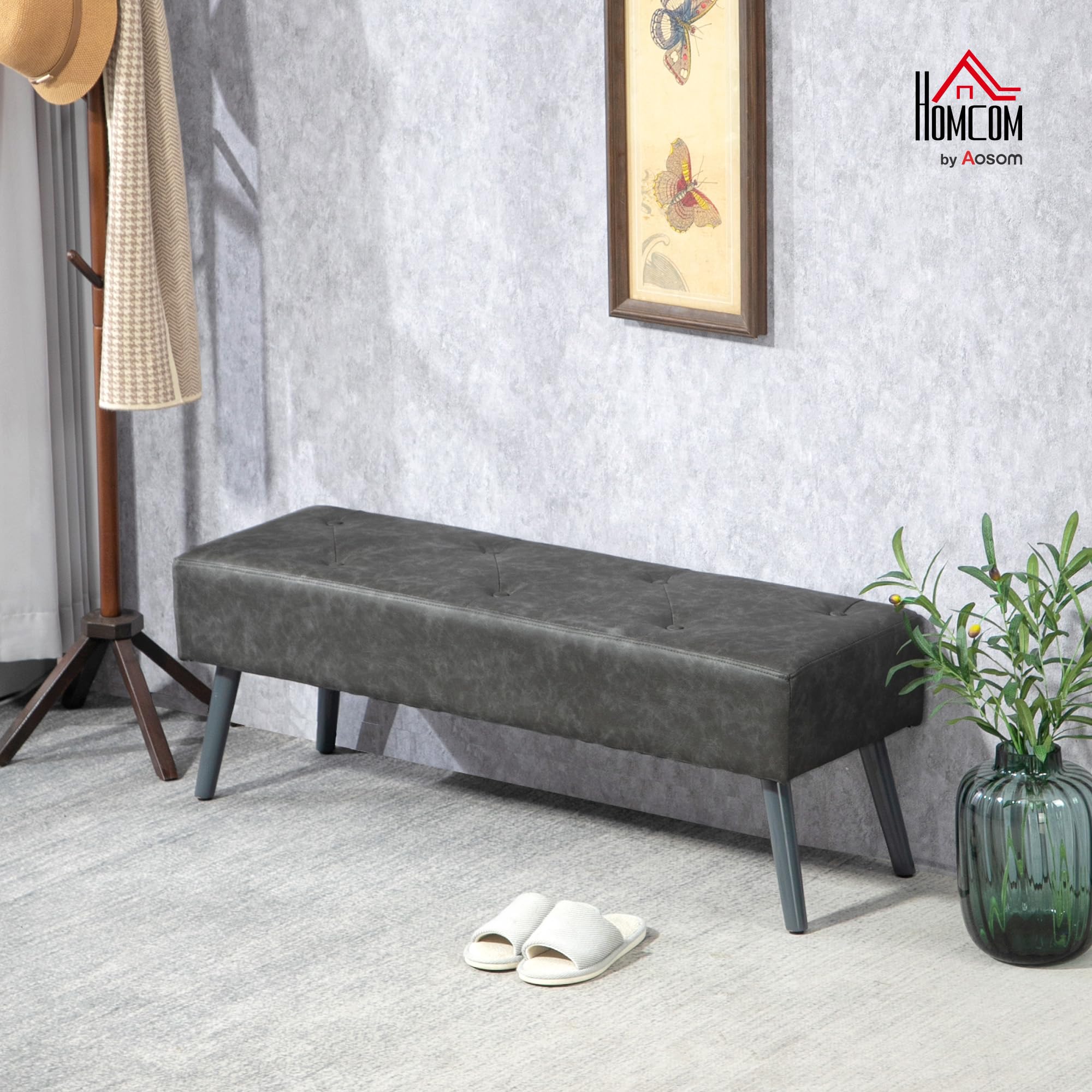 HOMCOM Taburete Pie de Cama Multifuncional Banco Pie de Cama Clásico Banqueta de Dormitorio con Pies de Madera y Asiento Acolchado Carga 220 kg para Entrada Pasillo 114x38x42 cm Gris