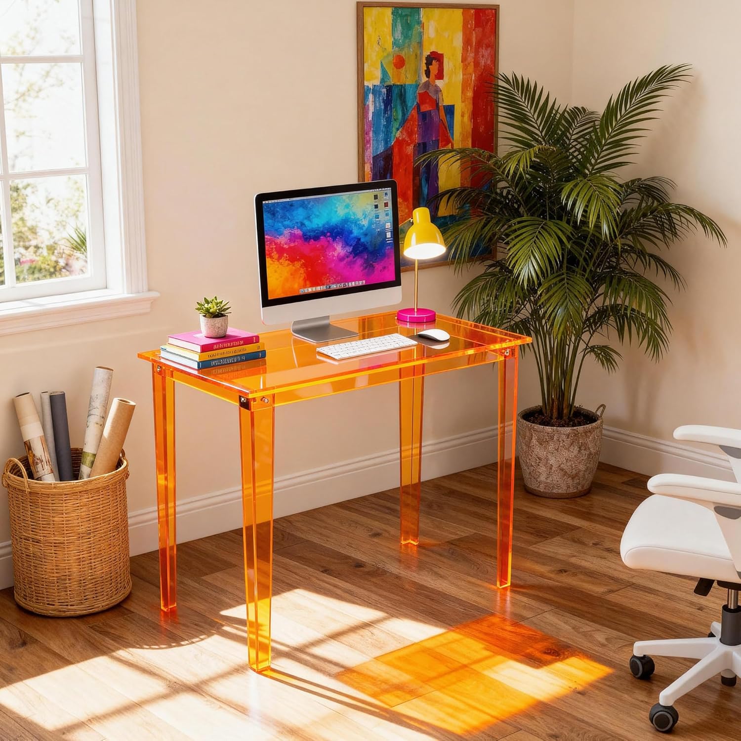 Acrylic Desk, Clear Modern Writing Table for Home Office (Orange, Small)