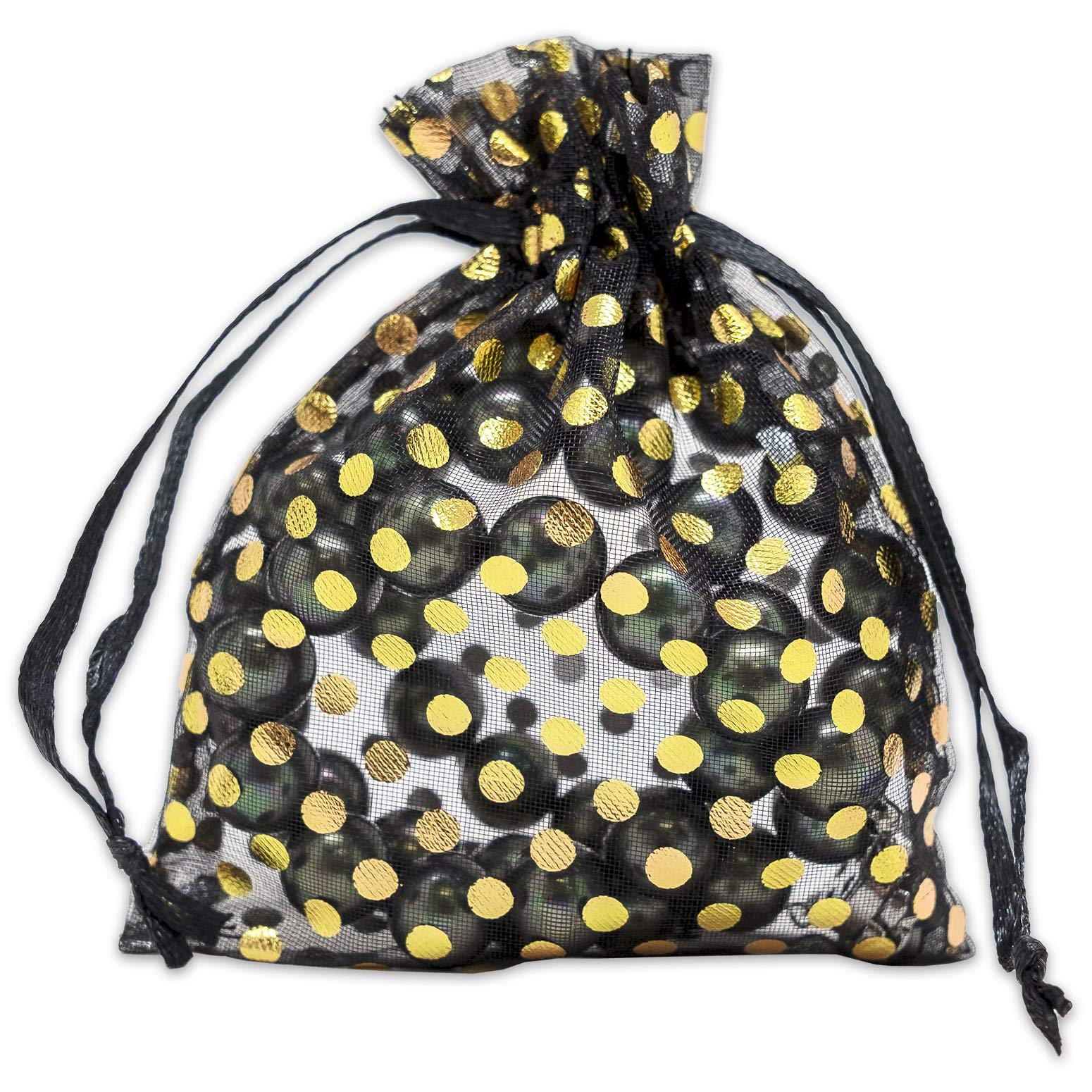 100-Pack 3x4 in Sheer Organza Gift Bags with Drawstring (Small) - Polka Dot (Black/Gold) - for Wedding Party Favors, Treats Mesh Pouch by The Display
