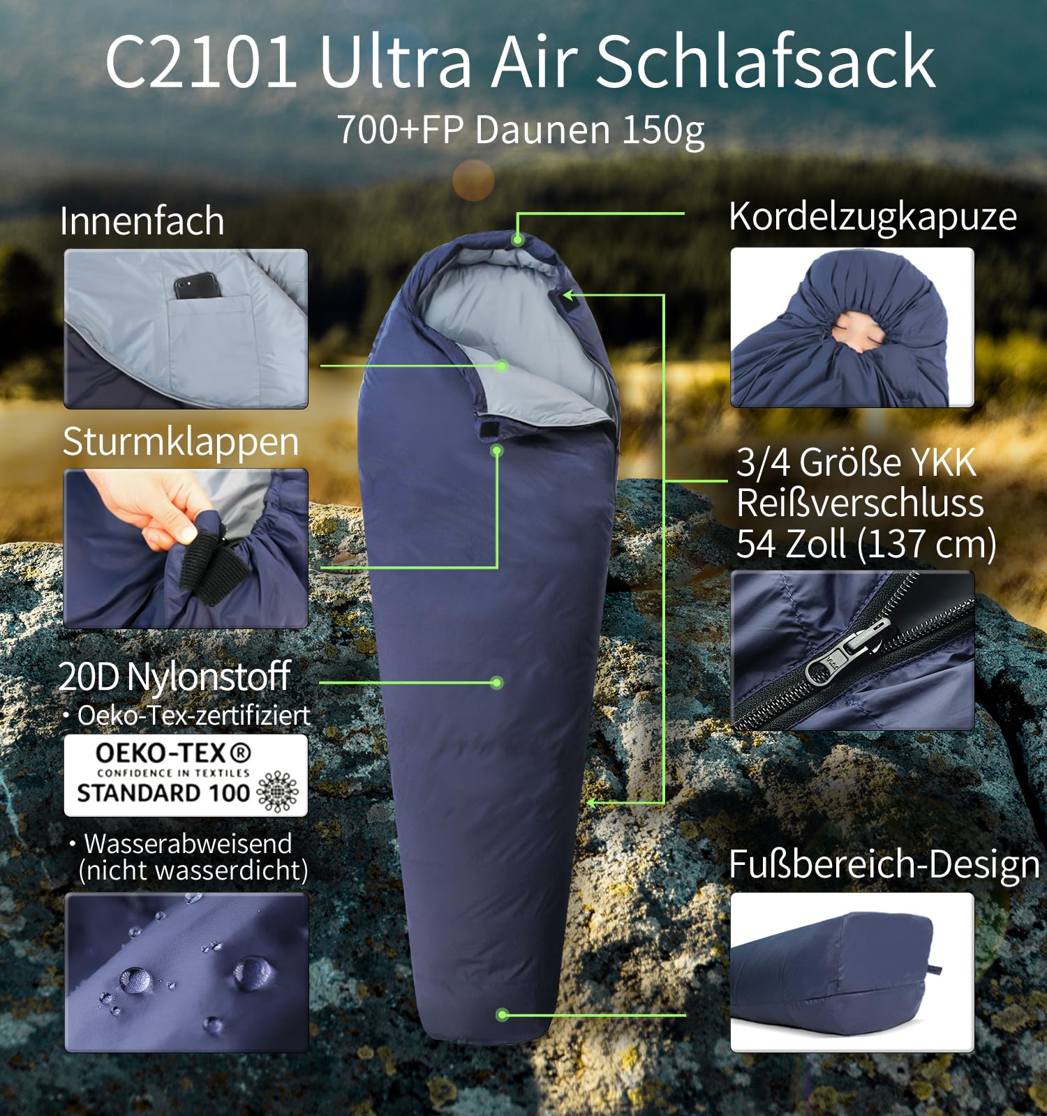 Litume Ultra Kompakt Daunen Schlafsack Für Sommer und 3 Jahreszeiten, 700+ Fill Power Daunen, Ultra Leicht Mumien, Tragbar, Wandern, Reisen, Camping, Rucksackreisen, Erwachsene, Outdoor