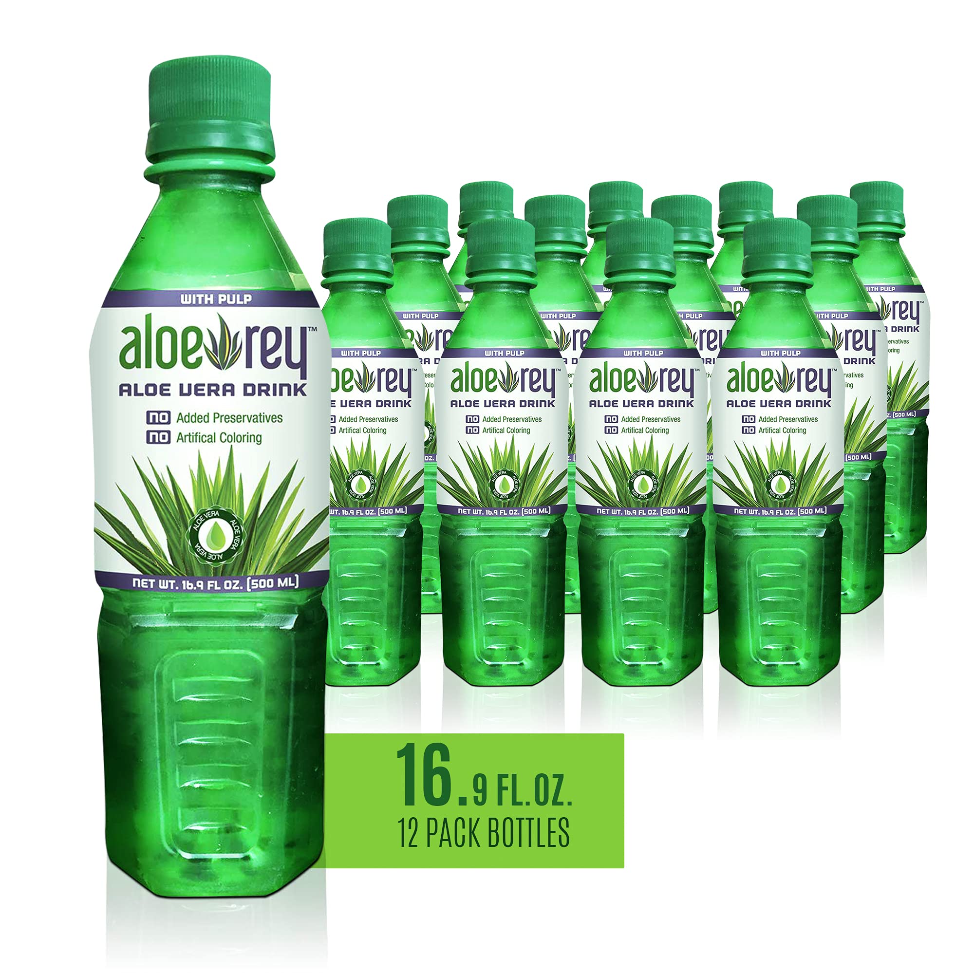 New Aloe Rey Naturally Flavored Aloe Drink with Pulp, 30 Calories per serving, No Preservatives, 16.9 oz. bottle. (Original, Pack of 12)