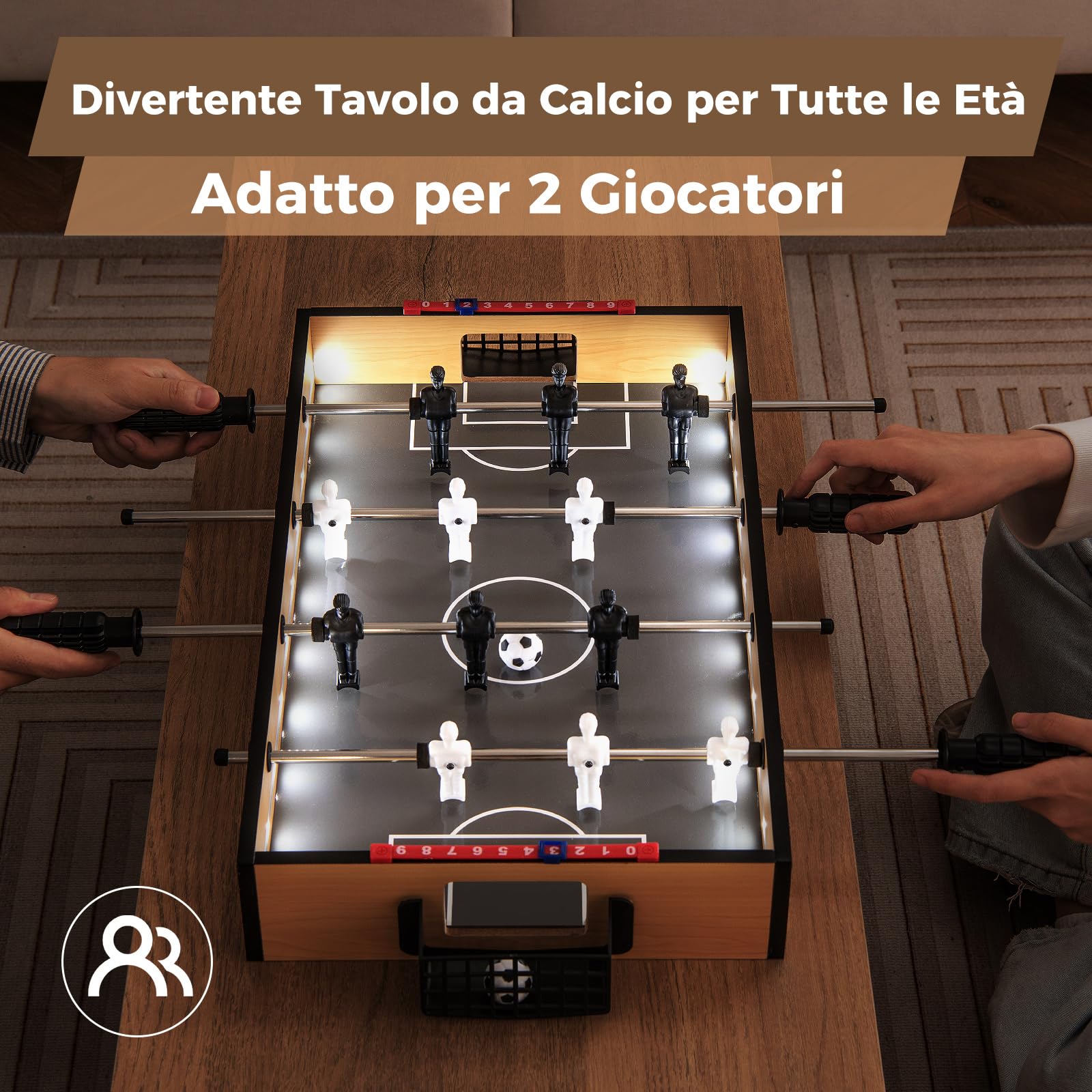COSTWAY Calcio Balilla, Calcetto da Tavolo con LED Maniglia Antiscivolo 2 Palloni, Biliardino per Feste, Bar, Sala Giochi, 51x30,5x8 cm