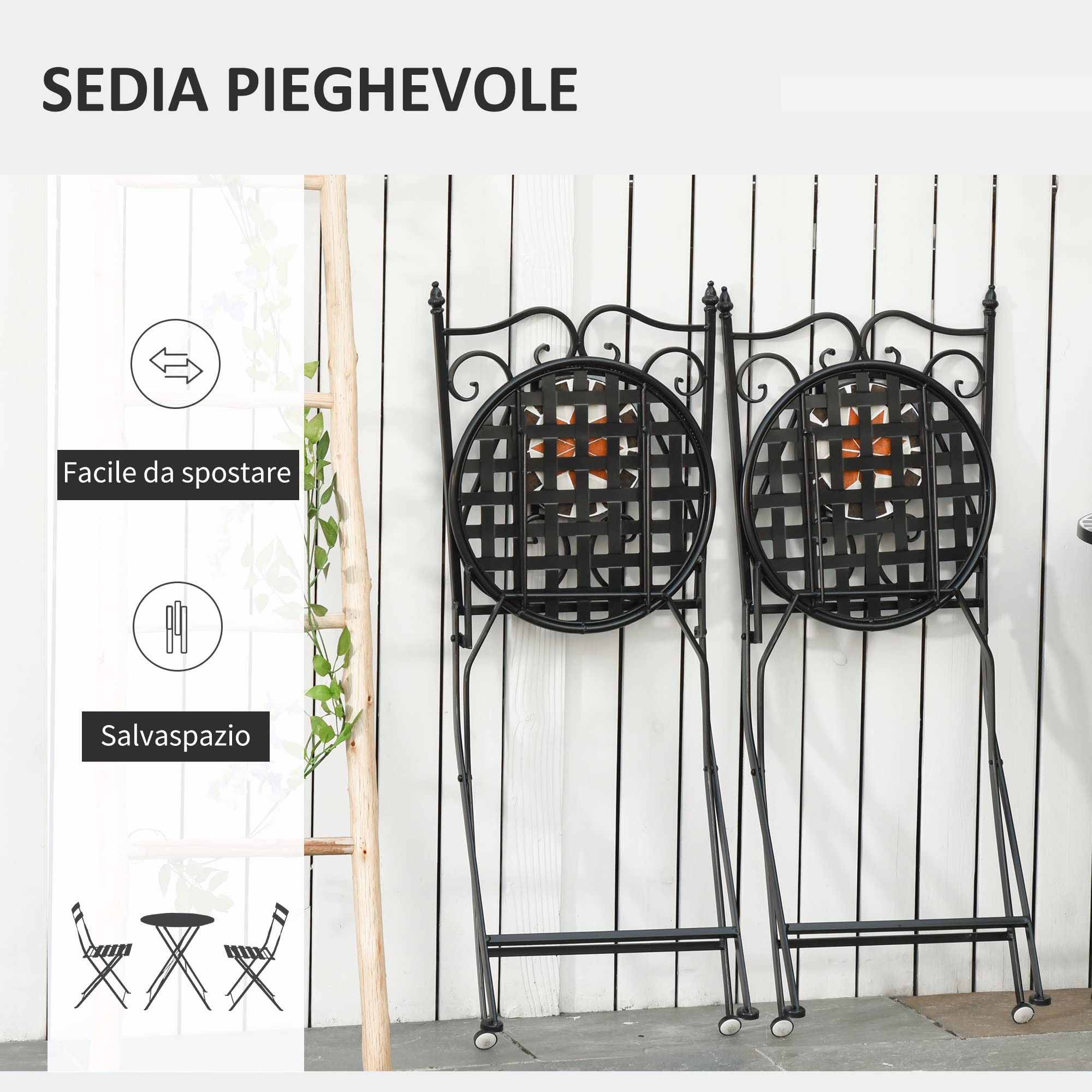 Outsunny Mobili da Giardino Set da 3 Pezzi con 2 Sedie Pieghevoli e 1 Tavolino a Mosaico, in Metallo e Ceramica
