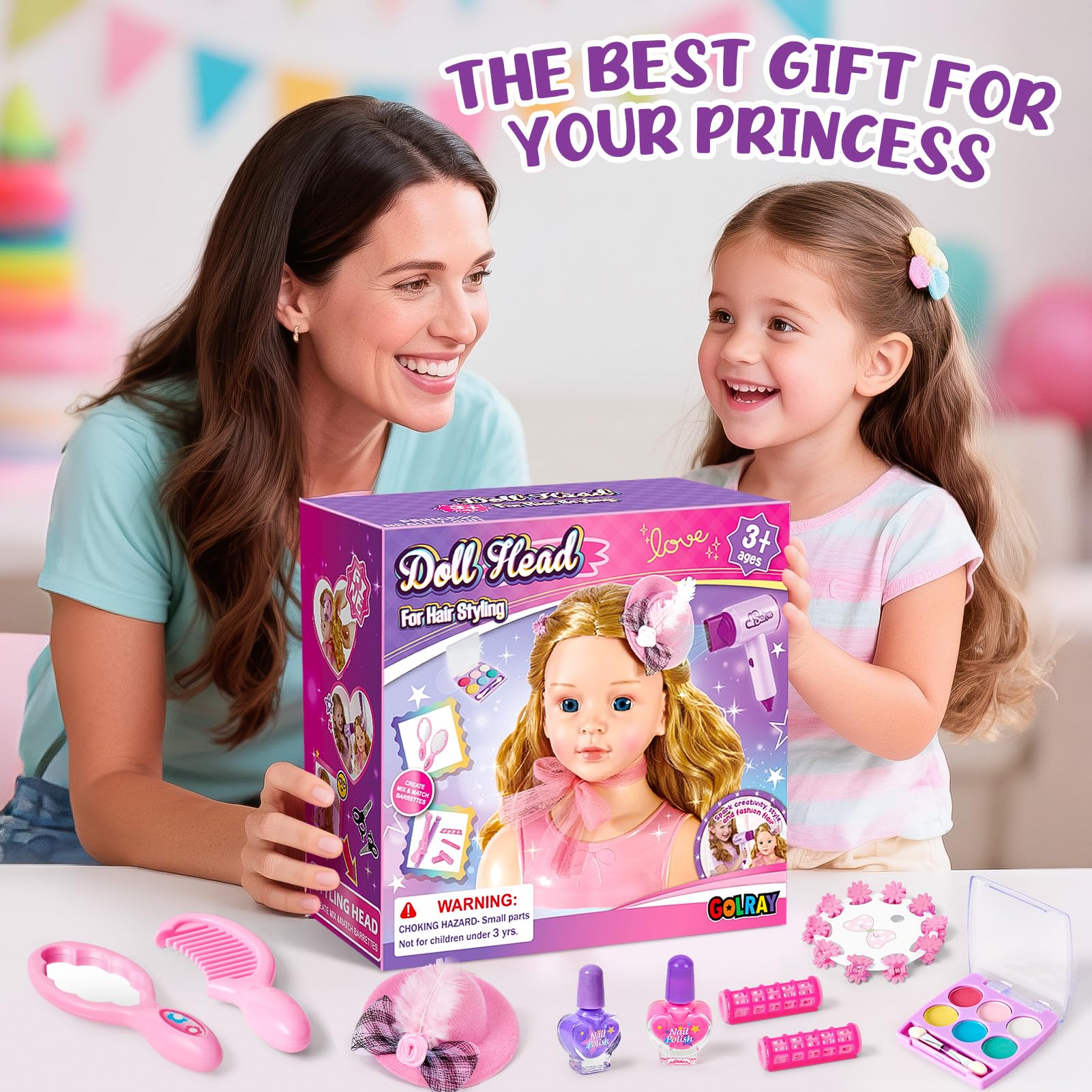Frisierkopf Kinder Schminkkopf Mädchen Spielzeug, Stylingkopf Set mit Haartrockner, Lockenstab, Schminke, Hut, Haarstyling Zubehör, Rollenspiel Geschenk Puppenkopf zum Schminken Frisieren ab 3 Jahre