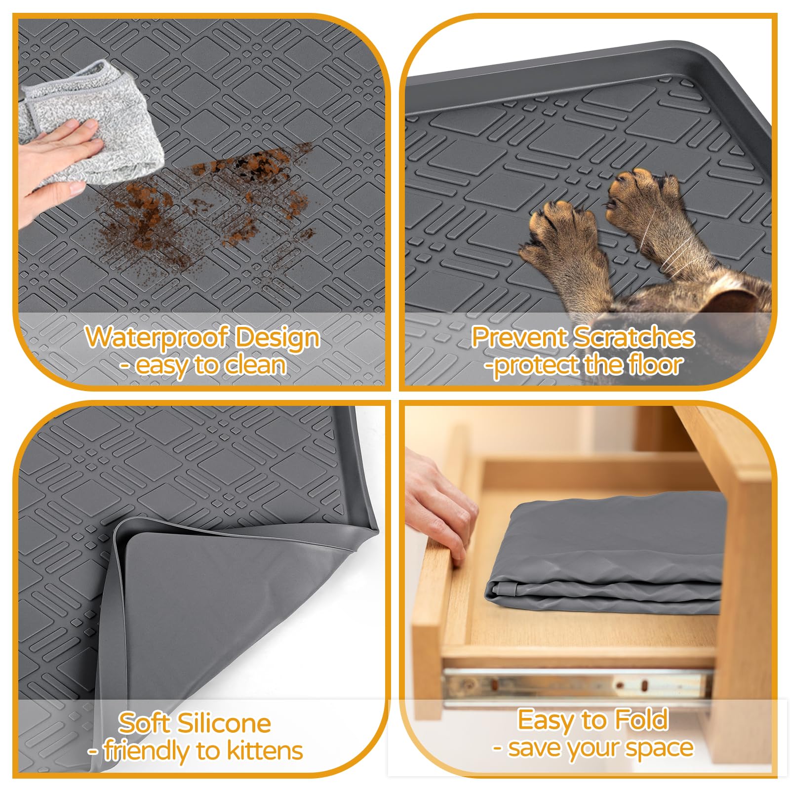 Katzenfuttermatte, 106,7 x 73,7 cm, große Silikonmatte, Katzenfuttermatte mit erhöhtem Rand, rutschfeste Futtermatte für Futter- und Wassernapf, leicht zu reinigen, Bodenschutz (Dunkelgrau)