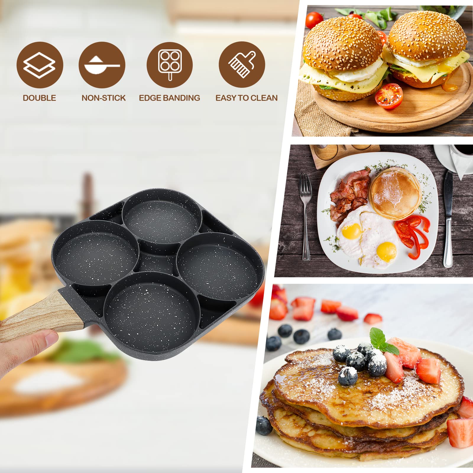 KOOSREEL Padella Per Uova Antiaderente – 3 Scomparti In Alluminio – Per Induzione E Gas – Colazione Veloce