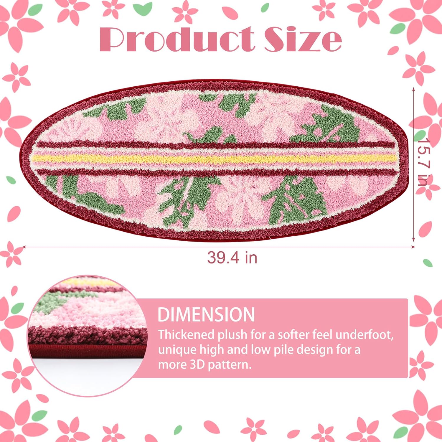 Dunzy Pink Hibiscus Bathroom Rug Cute Surfboard Shaped Bath Mat Non-Slip Flocking Bathtub Rug for Tropical Living Room Bedroom Decor