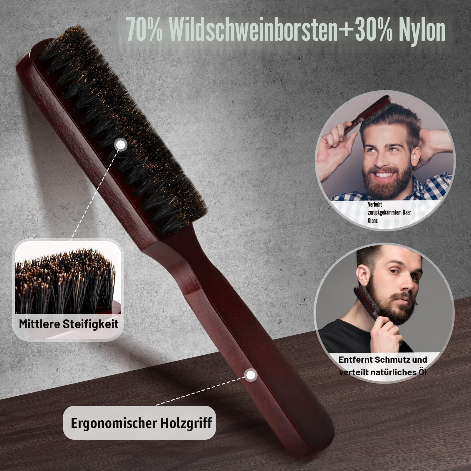 Haarbürste Kamm Männer Styling,Wildschweinborsten Bartbürste Herren,Rundbürste,Lockenkamm,Kamm Grobzinkig,Sleek Bürste,Bartkamm,Friseur Kamm Set
