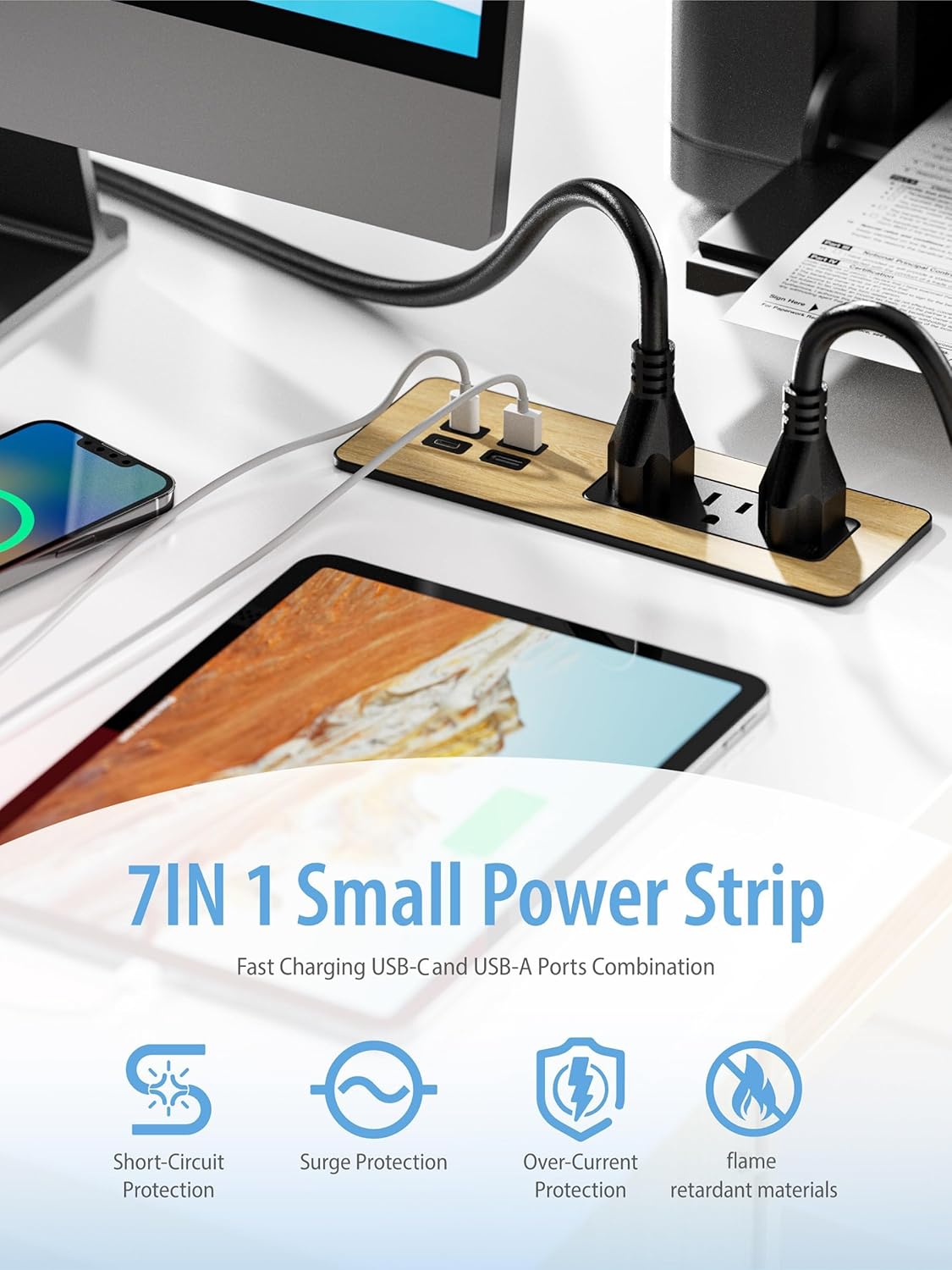 Electriduct Flush Mount Power Strip Surge Protector 65W Fast Charge 2X USB-C + 2X USB-A, 3X AC Outlet Recessed Desk Power Center Laptop Charger - Black/Silver/Wood Finish