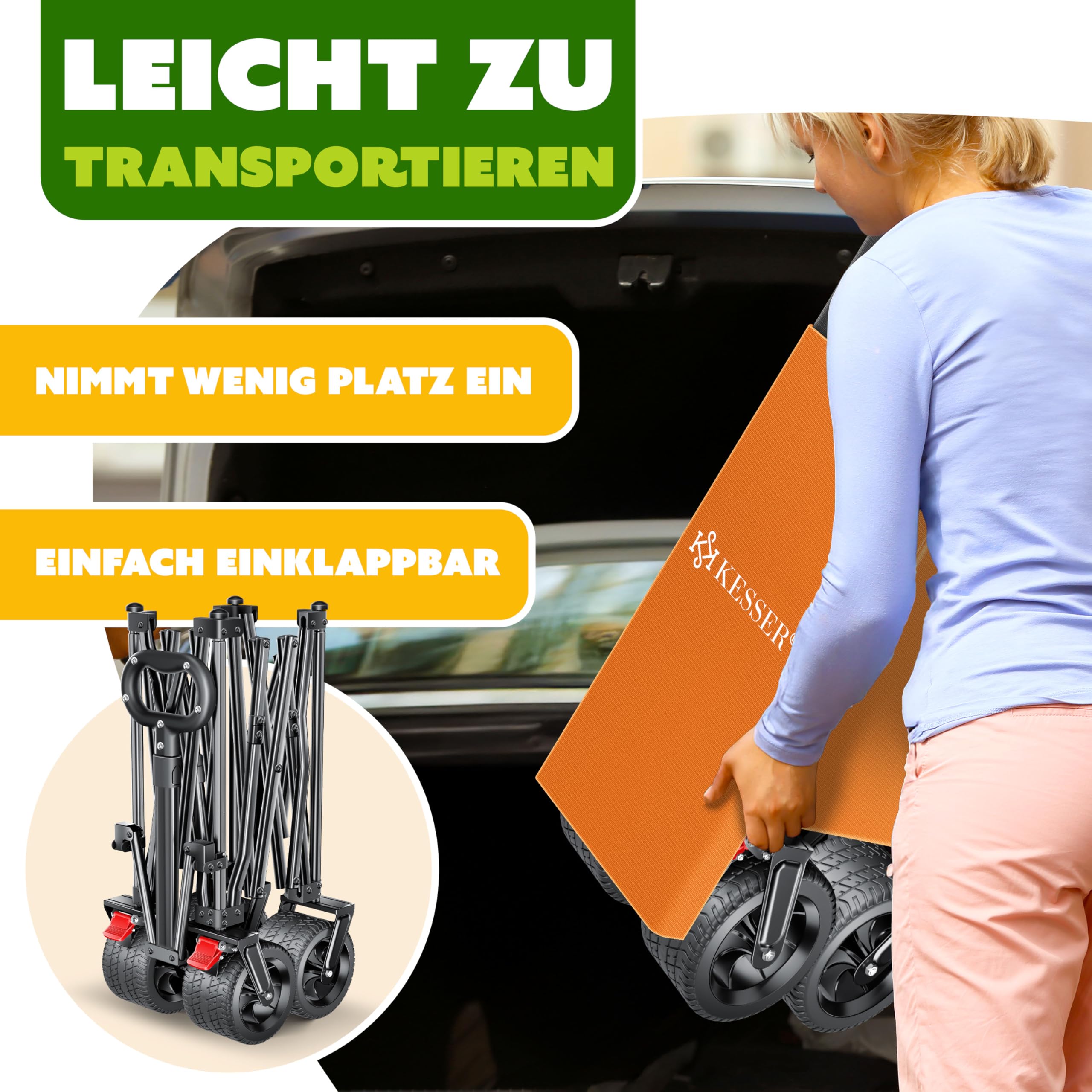KESSER® Bollerwagen GTR9000 Handwagen 200Kg | 300L Stauraum Transportwagen faltbar extra breite 360° Räder & Feststell-Bremsen Wetterbeständig Strandwagen inkl Abdeckung Seitentasche & Getränkehalter
