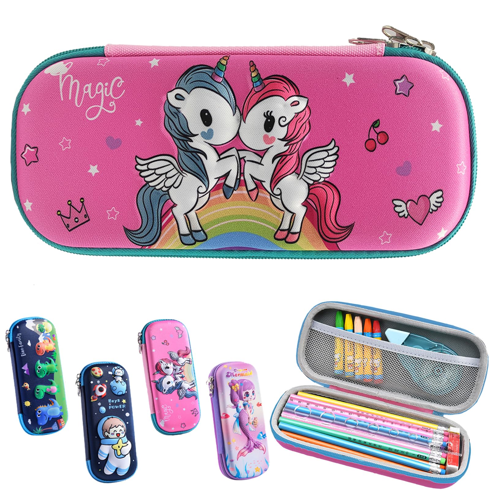 YOUYIKE Estuche Unicornio, Portátil Caja Papelería, 3D Estuche lapices Niña, Gran Capacidad Multifuncional con Cremallera, Rosa Estuche Lapices, Estuche Niña Unicornio, Regalo para Niña