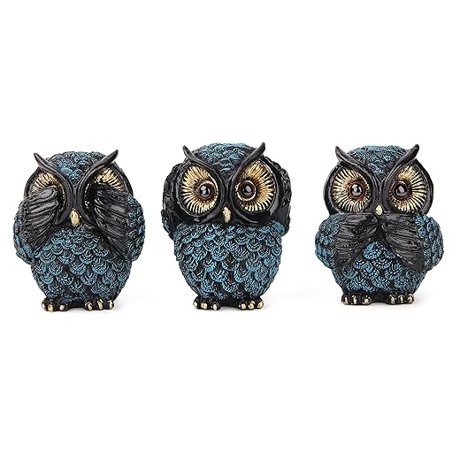 Owl figurine and sculptures for shelf decor accents,3 wise Owl statue for living room bedroom decoration,Retro animal decor,boho gift for women bird lover,see no evil hear no evil speak no evil