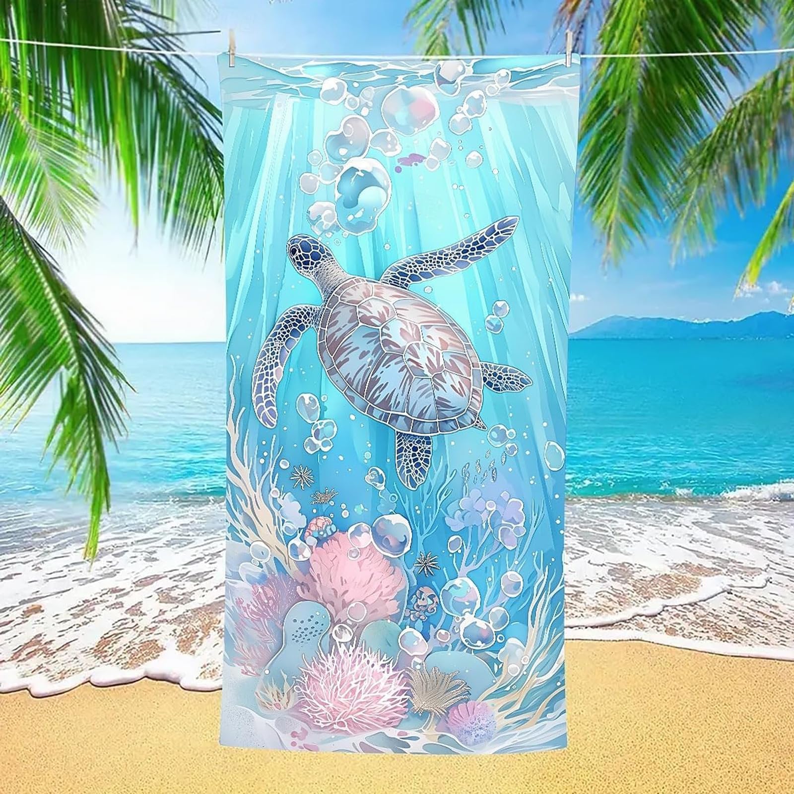 Damski ręcznik plażowy, z mikrofibry, 140 x 70 cm, plecak 2 w 1, ręcznik plażowy, chłonny, szybkoschnący, bez piasku, koc plażowy na plażę, podróż, do pływania, niebieski żółw