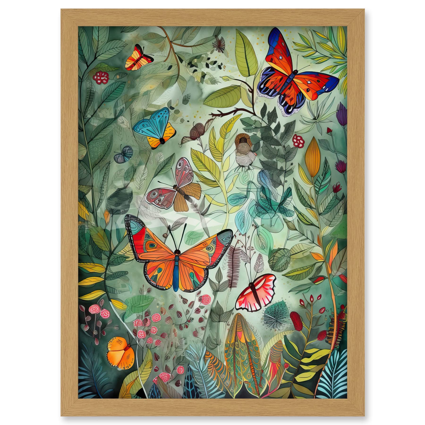 Artery8 Butterflies in a Spring Field Modern Folk Art Artwork Framed A3 Wall Art Print