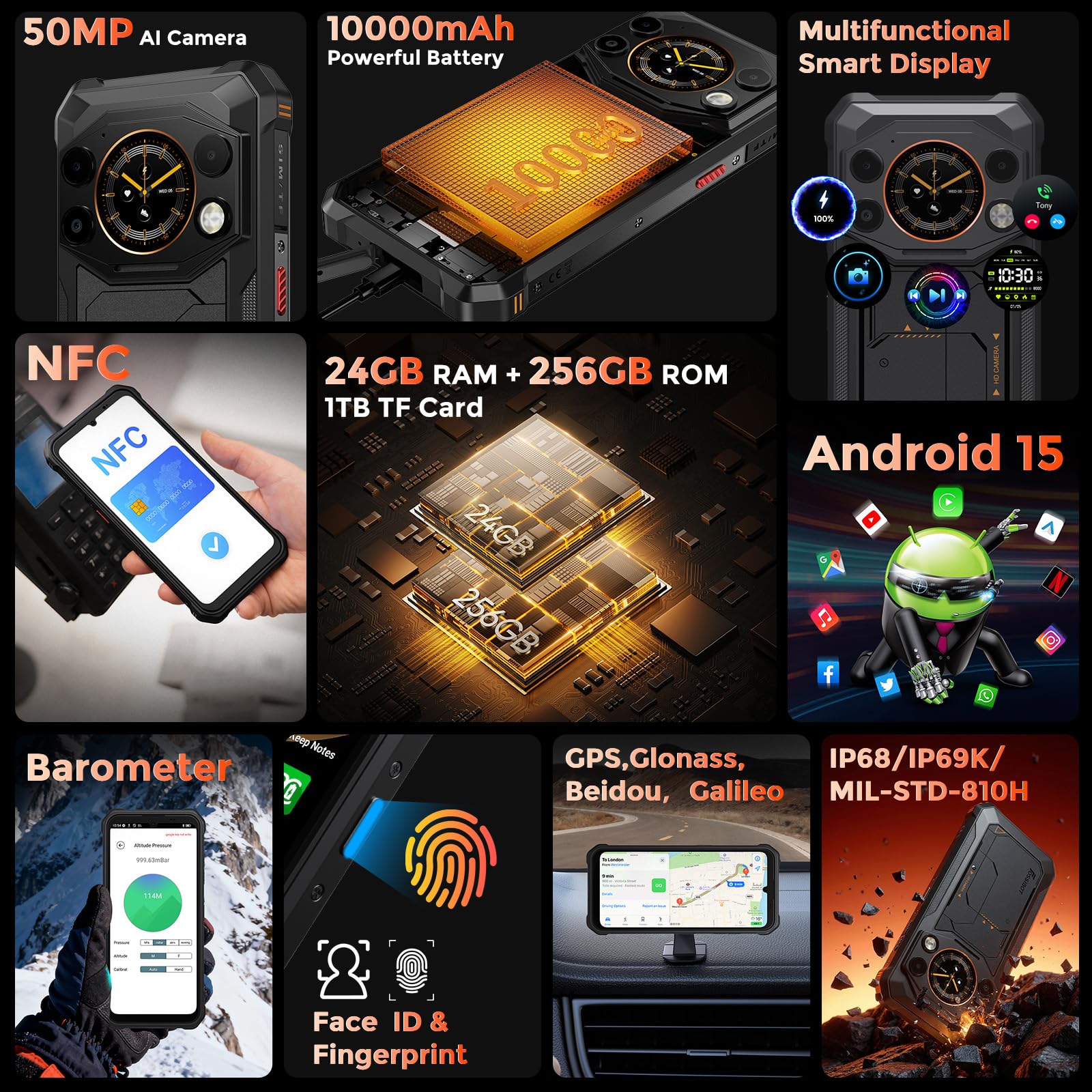FOSSiBOT F117 Rugged Smartphone, Telefono Indistruttibile 10000mAh Doppio Schermo 6.74"+1.32", 24GB RAM+256GB/2TB, Fotocamera 50MP AI, IP69K Impermeabile, NFC, IP68/IP69K telefono da lavoro(2026)