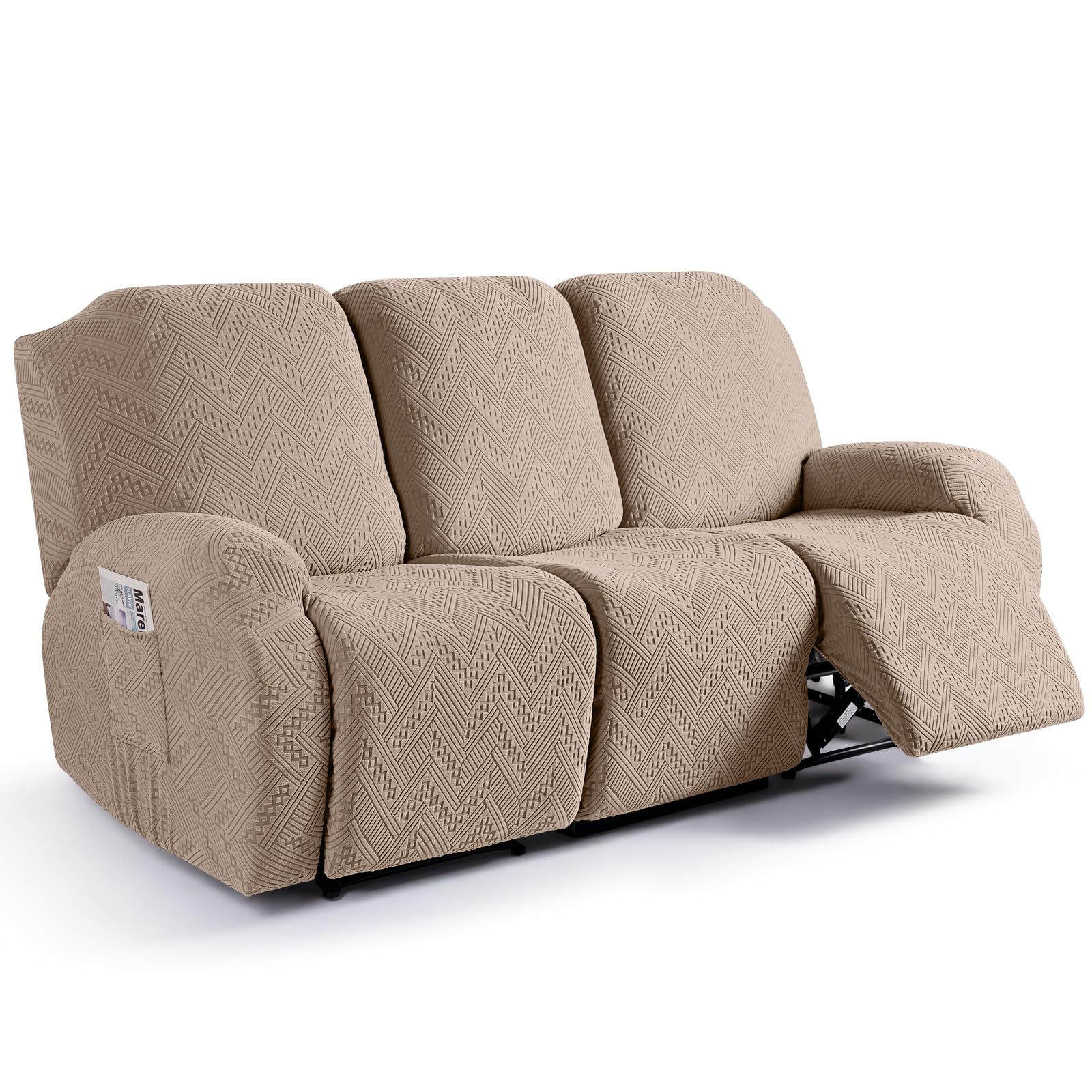 Ruaozz Recliner Sofa Covers Recliner Chair Covers Couch Covers for Reclining Couches with Pockets Washable Furniture Protector with Elastic Bottom (3 Seater, Khaki)