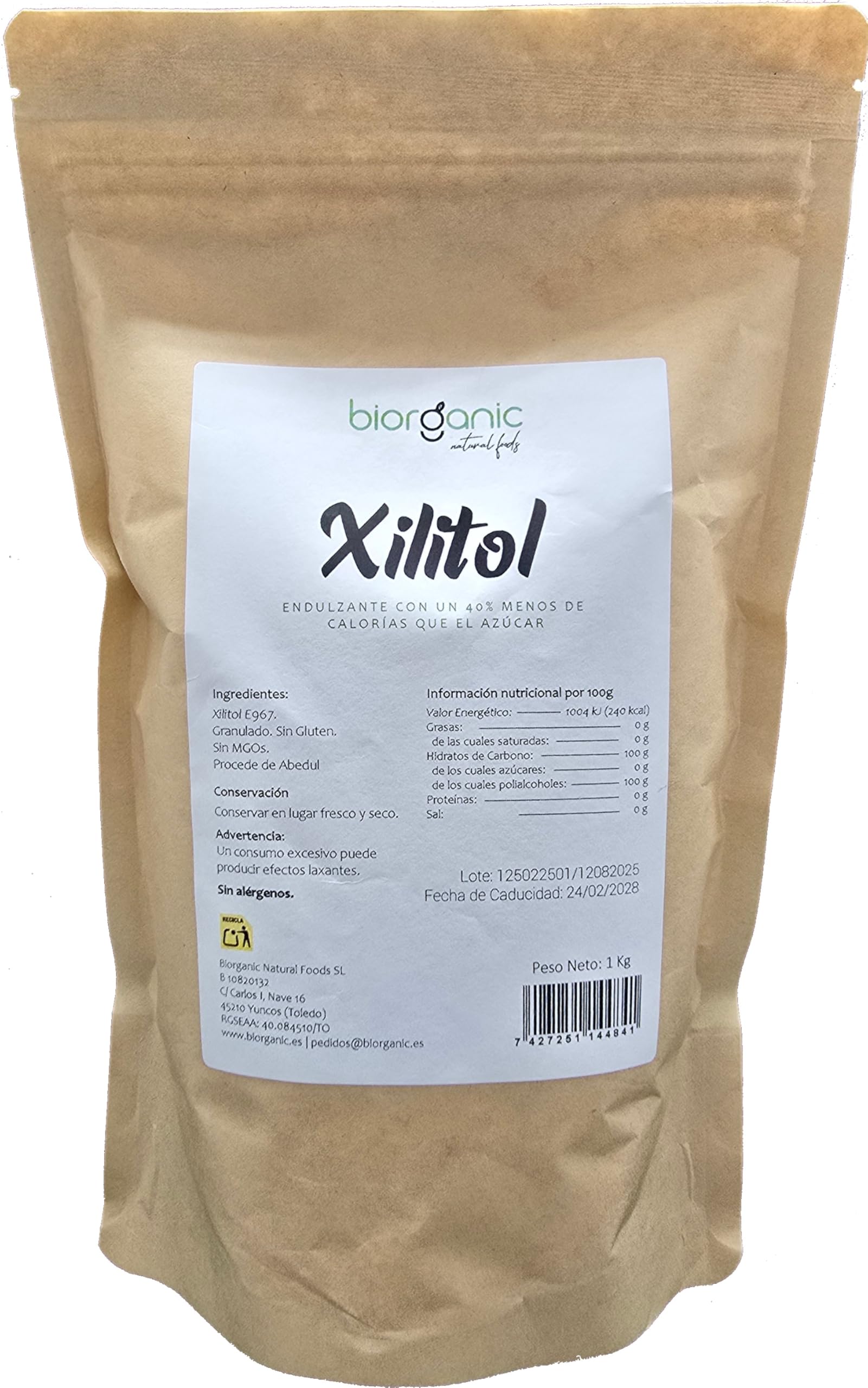 Biorganic Xilitol 1 kg Natural de Abedul Sin MGOs Sin Gluten Vegano